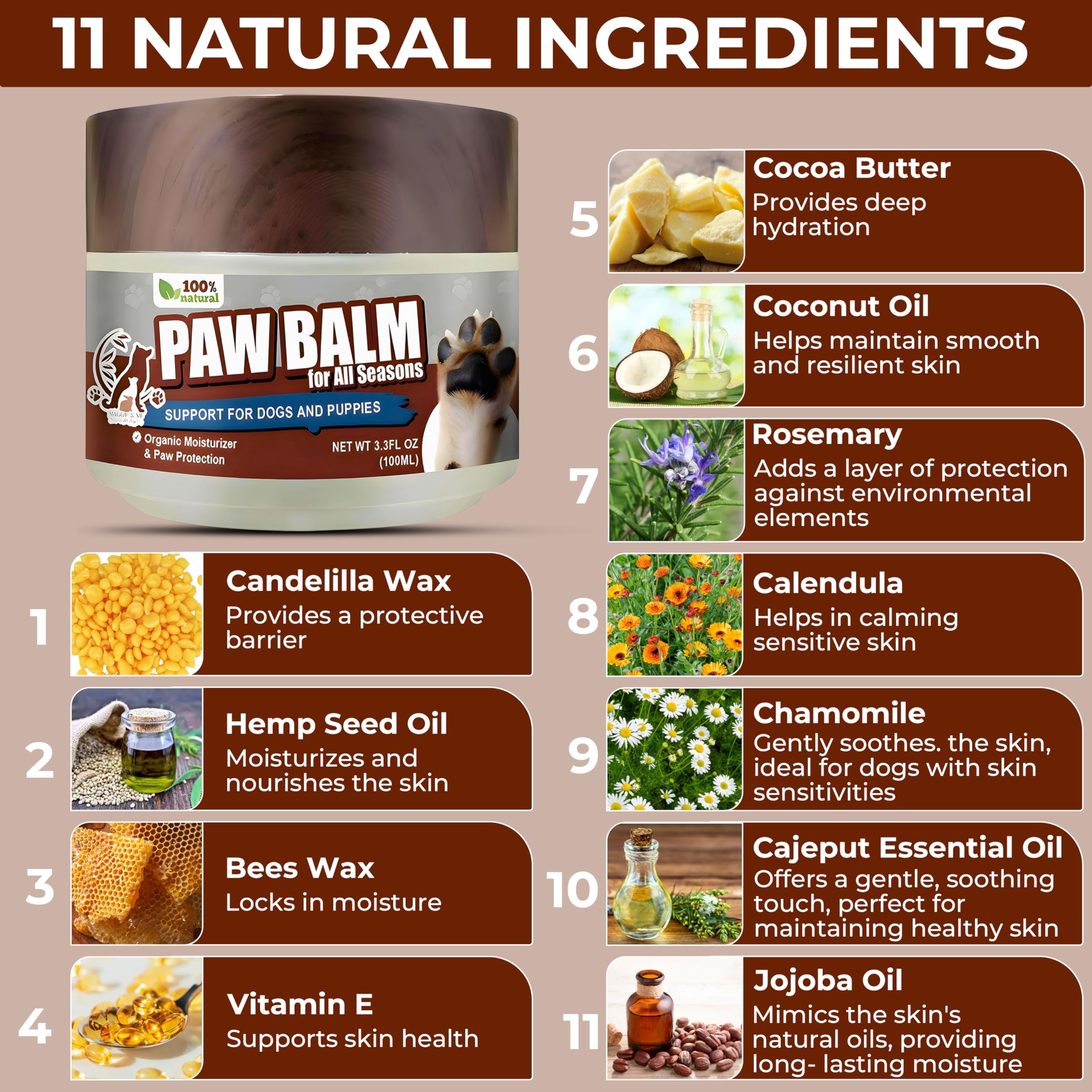 Maggie & Me Natural Organic Paw Balm for Dogs - 3.3oz Dry Cracked Paw Treatment, Hot Pavement Protector, Itchy Skin Relief, Nose