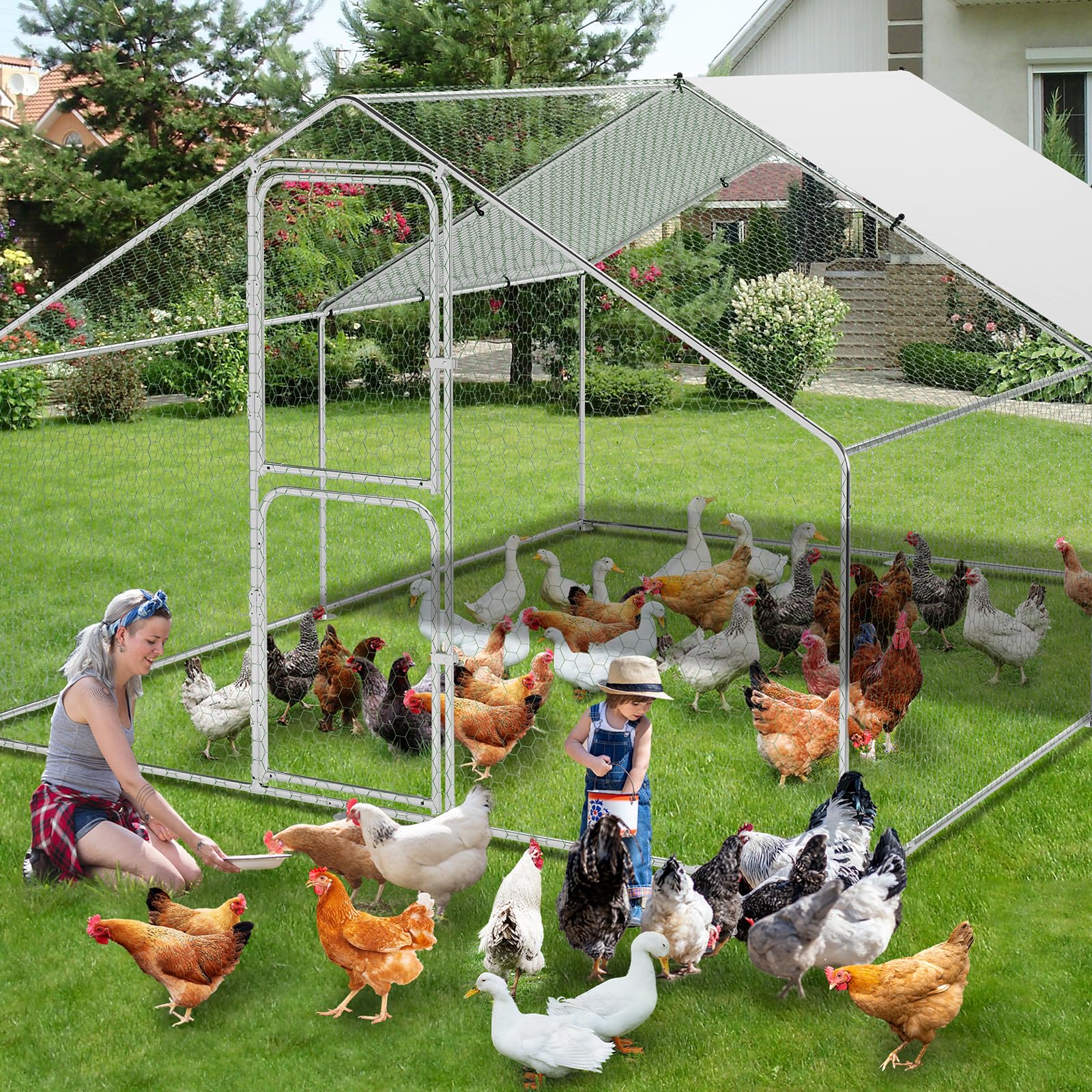 Garvee Large Metal Chicken Coop with Waterproof and Anti-UV Cover, Walk-in Poultry Cage, Large Chicken Pen, Outdoor Hen Run Hous