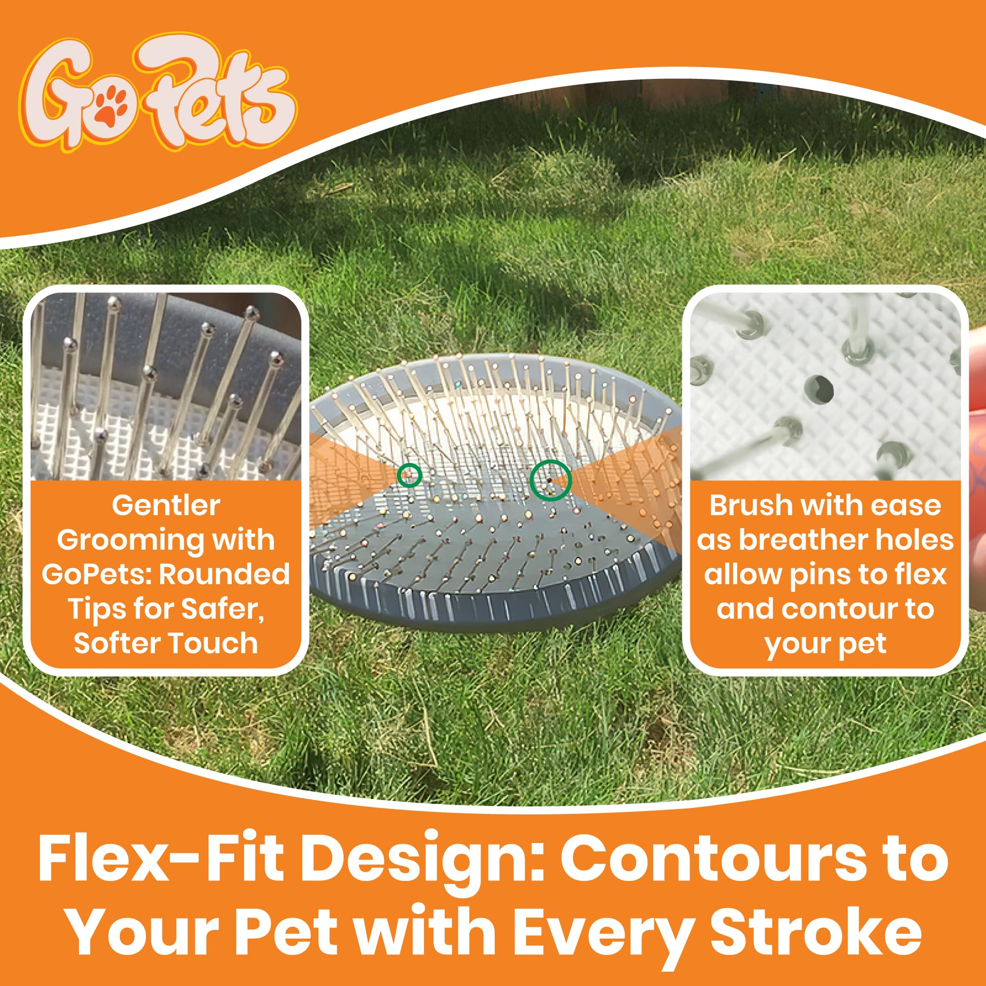 GoPets Double-Sided Dog & Cat Brush, Medium, Orange and Grey, Plastic, Removes Shedding Fur & Mats, Ergonomic Handle