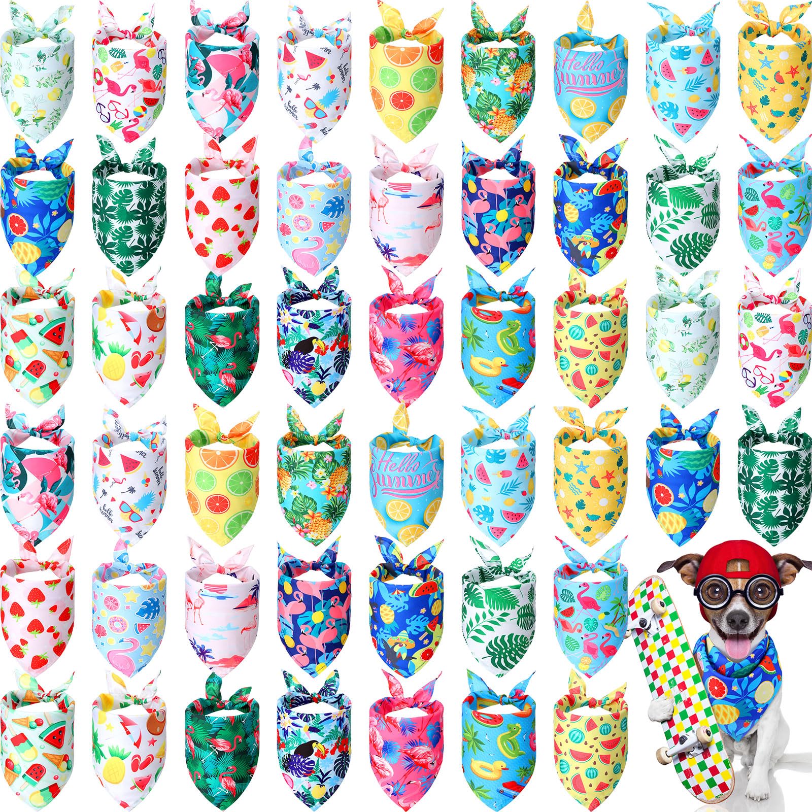 Chunful 50 Pieces Dog Bandanas For Summer Bulk Hawaiian Bandanas Bib Triangle Dog Scarf Set With Fruit Leave Flamingo Pattern Fo