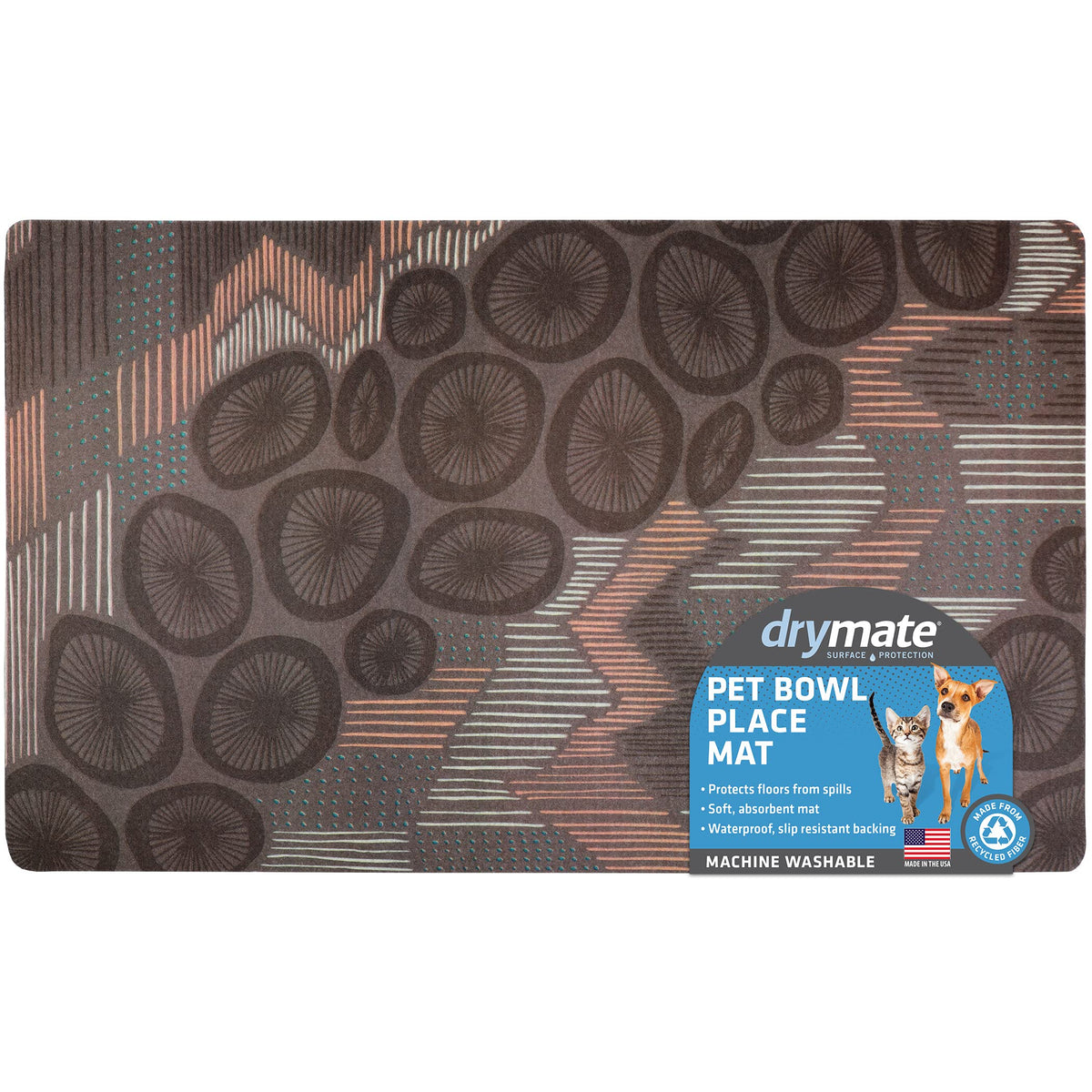 Drymate Pet Bowl Placemat, Dog & Cat Food Feeding Mat - Absorbent Fabric, Waterproof Backing, Slip-Resistant - Machine Washable/Durable (Usa Made) (12” X 20”) (Abstract Lines Grey)