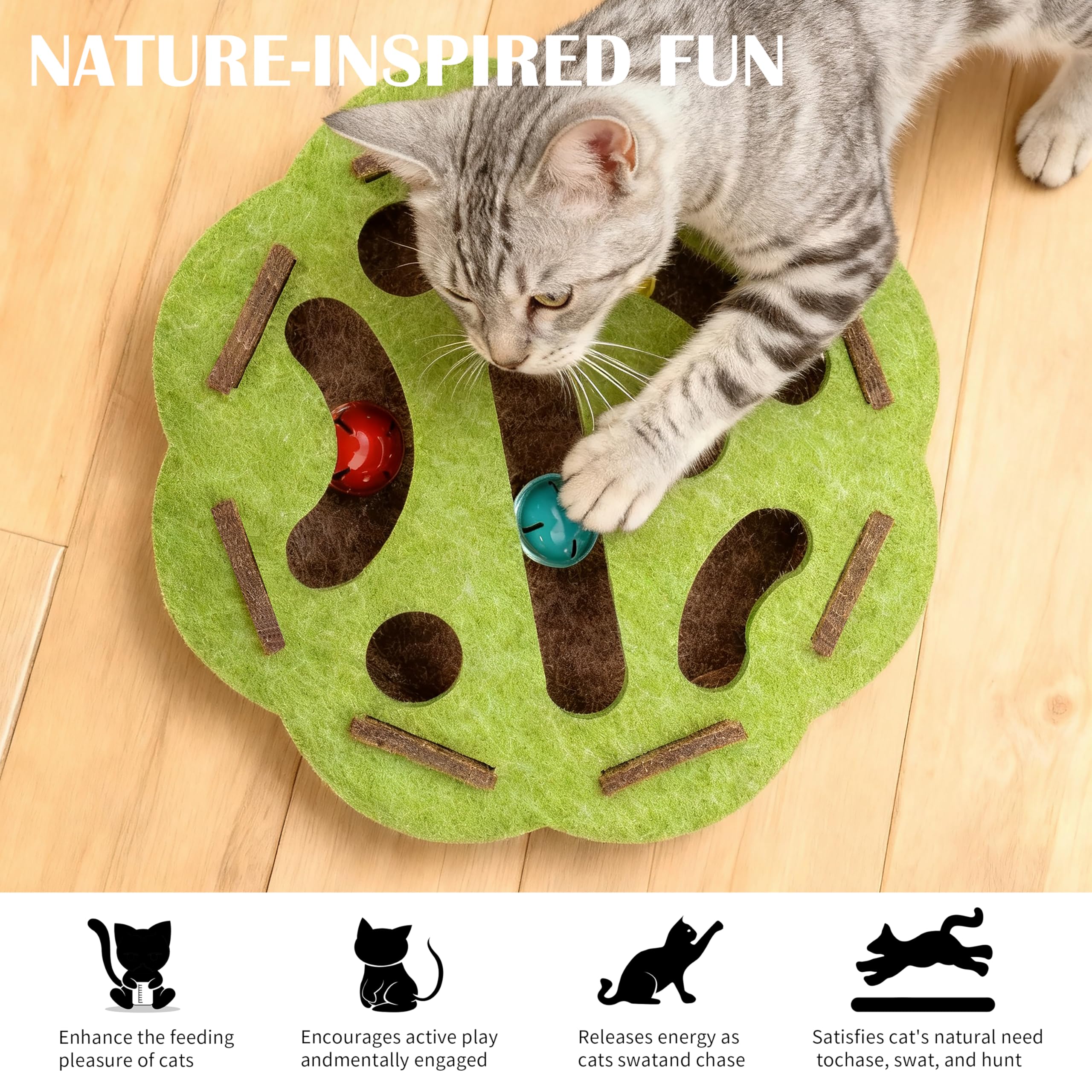 Interactive Cat Puzzle Toy for Indoor Cats, Felt Maze Box with 3 Bell Balls,Self-Play Exercise Toy for Bored Cats, Fun Hide & Se