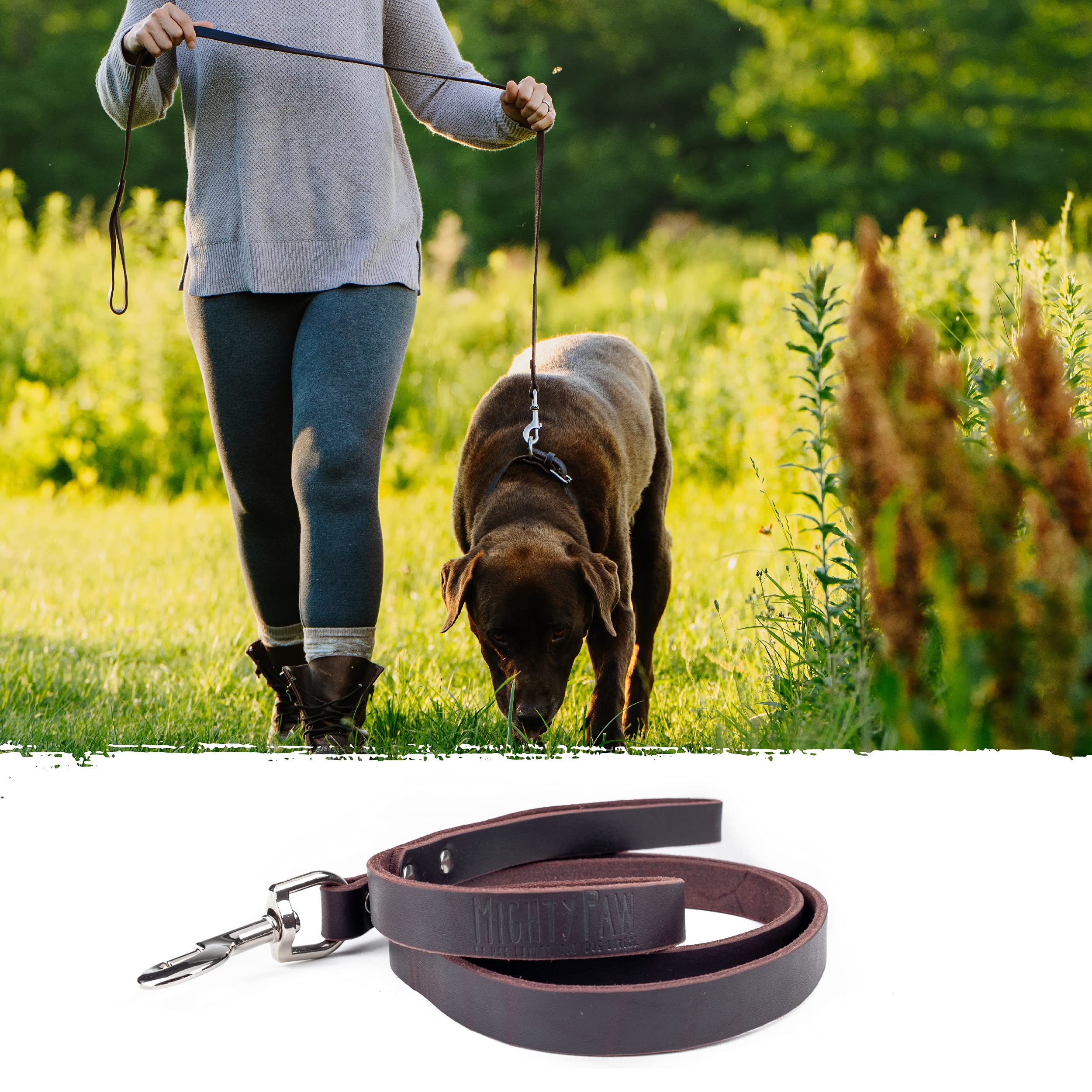 Mighty Paw Leather Dog Leash - Genuine Distressed Material - Premium - Suitable For All Pet Sizes - Heavy Duty Dogs Leashes - Modern - Dark