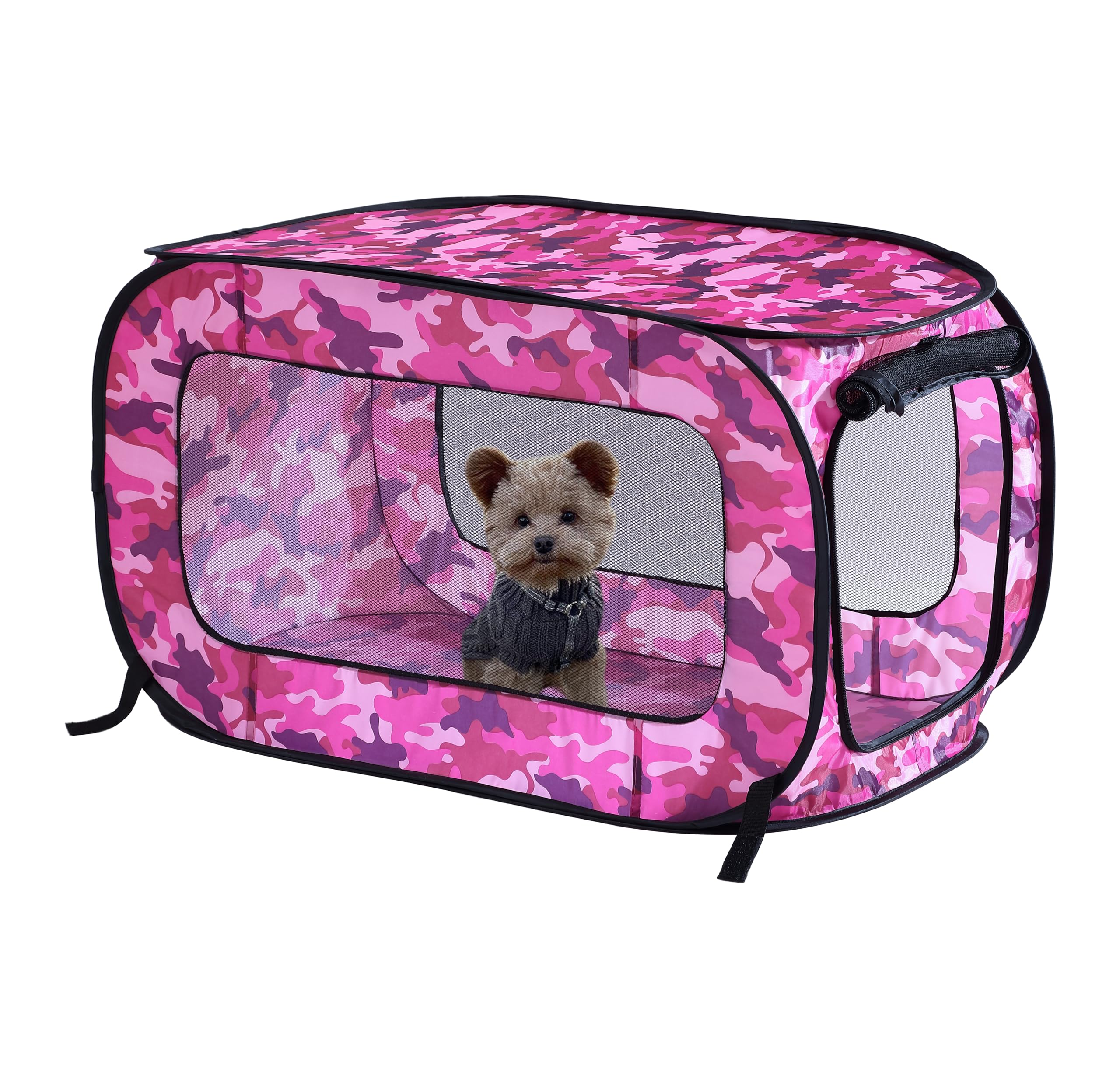 Beatrice Home Fashions Portable, Collapsible, Pop Up Kennel Travel Cat And Dog Crate, 40' L X 27' W X 27' H, Camo Pink