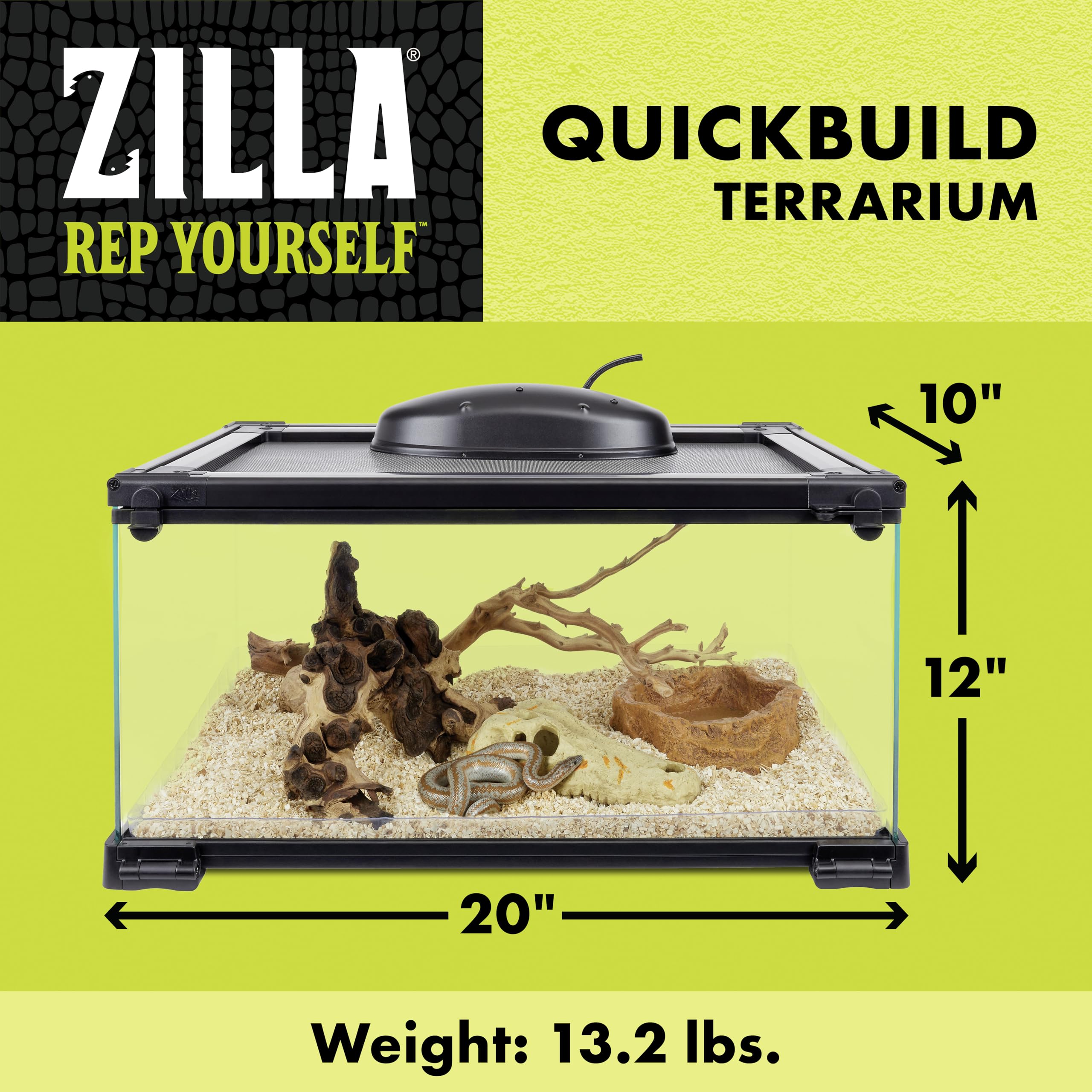 Zilla QuickBuild Reptile 10 Gallon Glass Terrarium Habitat with Bedding Tray For Geckos, Snakes, Lizards, Frogs, Turtles, and To