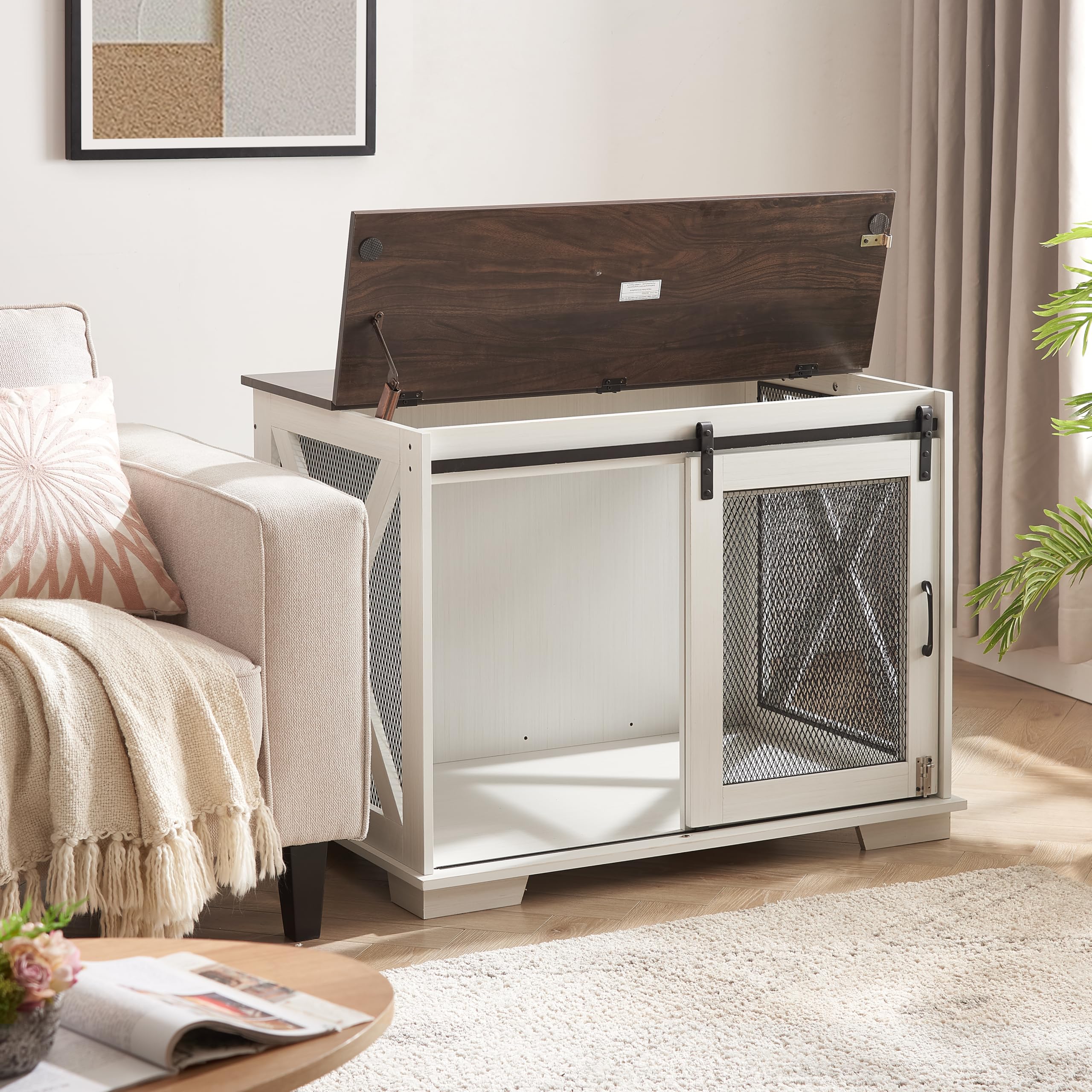 CKEASEAN 37  L Farmhouse Dog Cage Crate Furniture with Sliding Barn Door, Wooden Dog Kennel End Table with Flip-top Plate and
