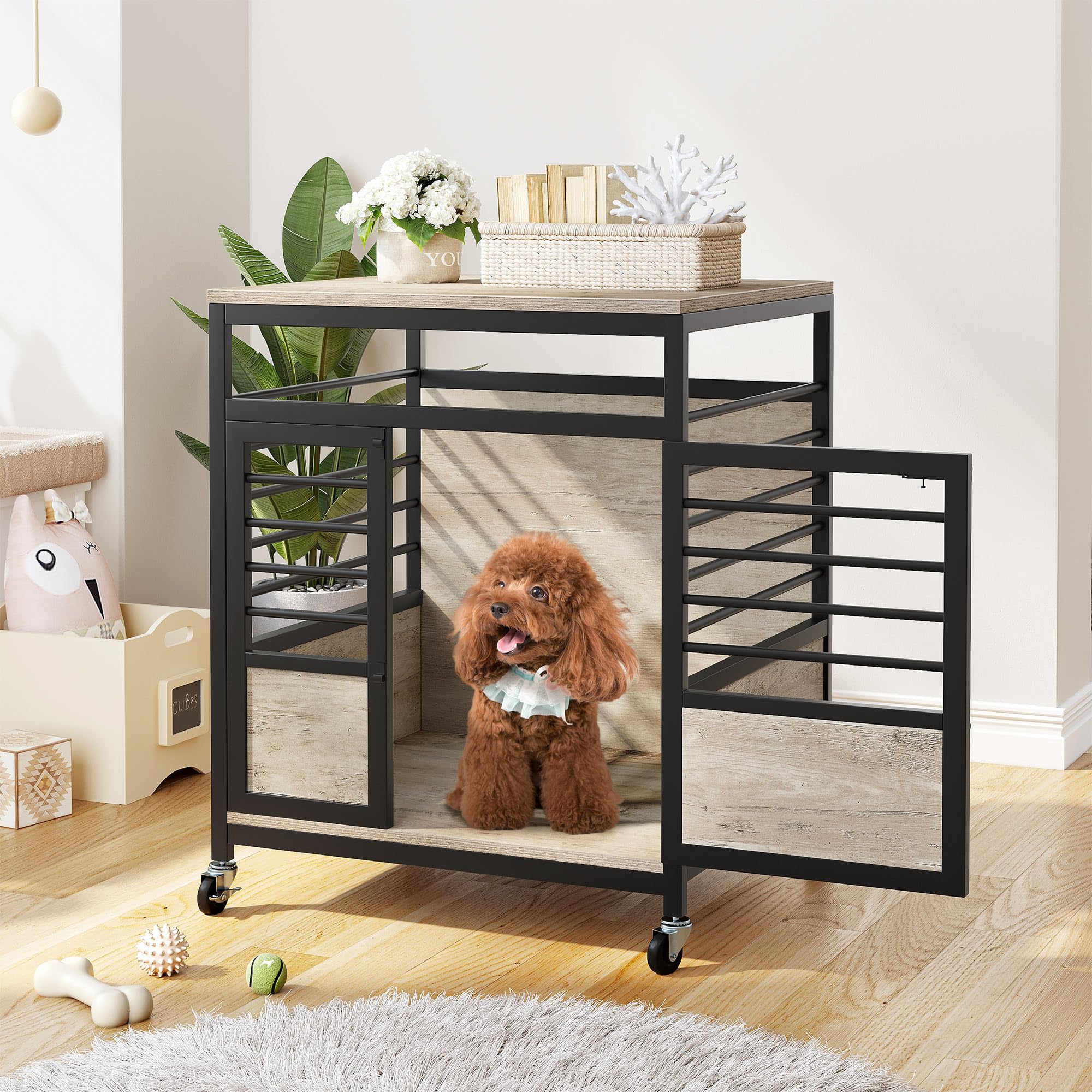 DWVO Dog Crate Furniture, 24 Inch Dog Kennel Indoor Furniture End Table for Dogs, Modern Decorative Wooden Cage with Wheels, Che