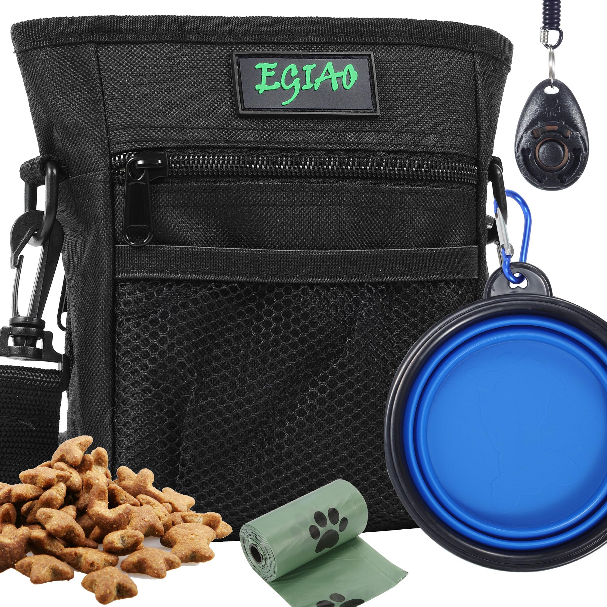 Dog Treat Pouch with Collapsible Dog Bowl, Training Clicker and Poop Bags, Treat Pouches for Pet Training, Built-in Poop Bag Dis