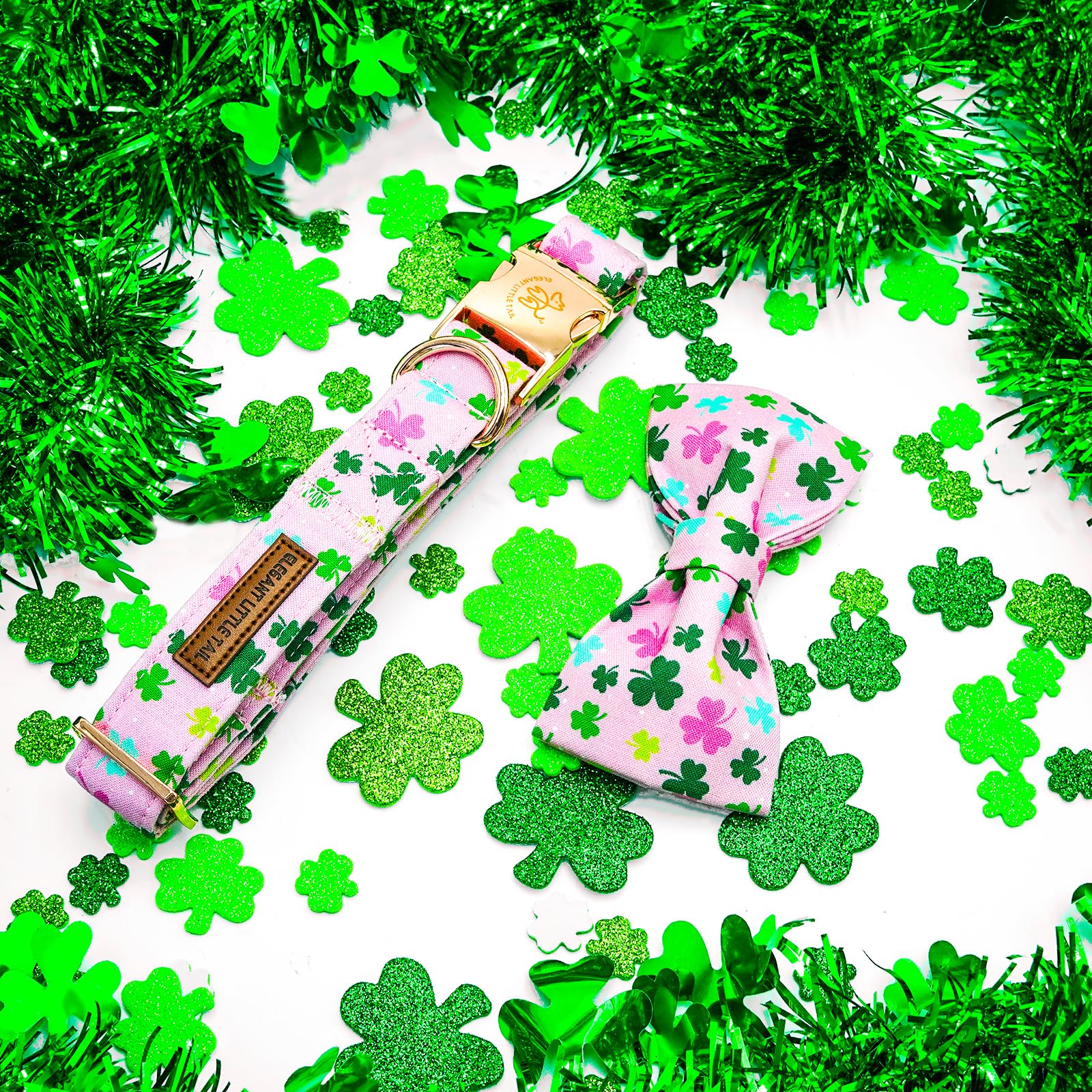 Elegant little tail St Patrick's Dog Collar, Lucky Colver Cotton Shamrock Pet Collar Trefoil Puppy Collar Bow Holiday Adjustable