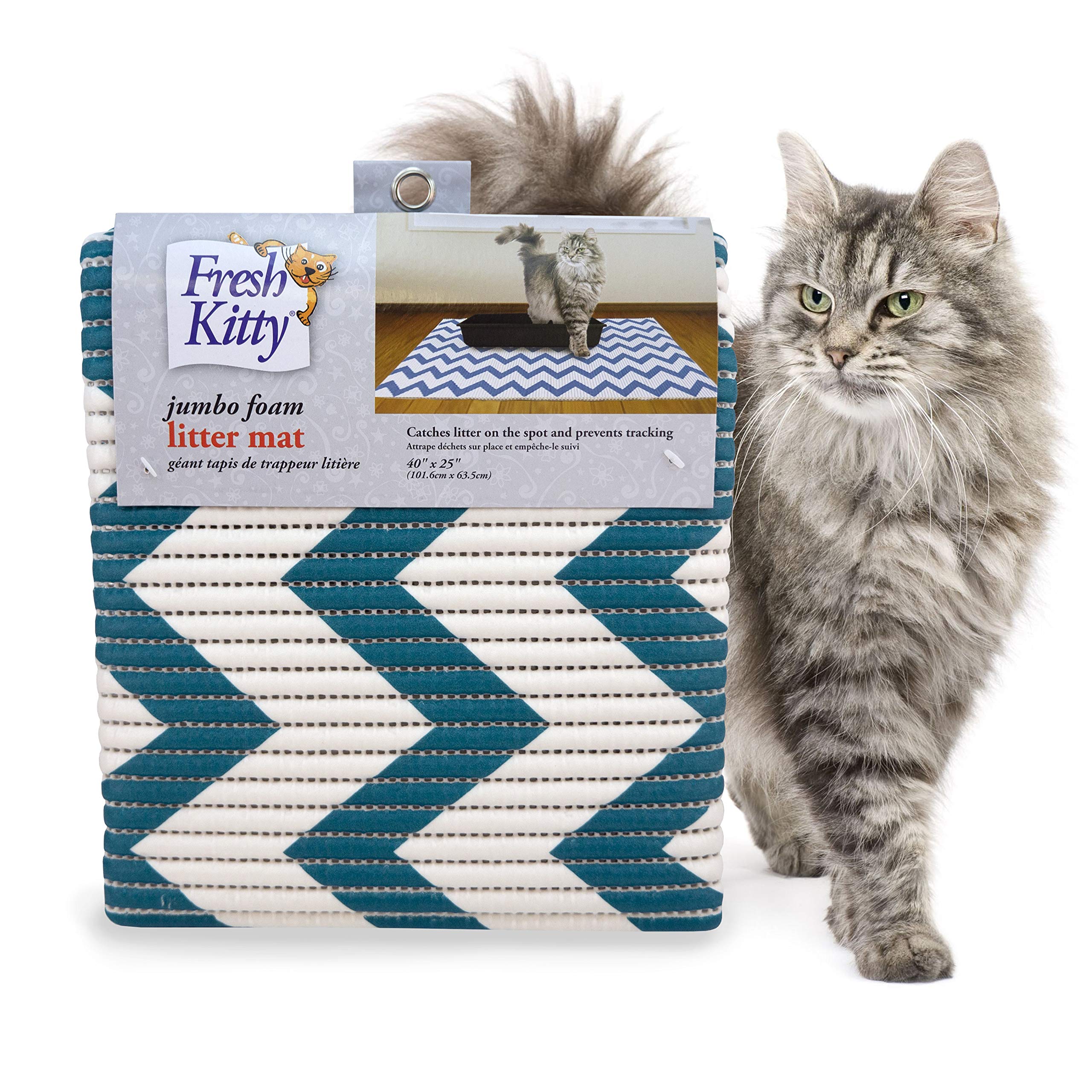 Fresh Kitty Durable Xl Jumbo Foam Litter Mat – Phthalate And Bpa Free, Water Resistant, Traps Litter From Box, Scatter Control, Easy Clean Mats – Chevron, Blue/White Chevron (9035)