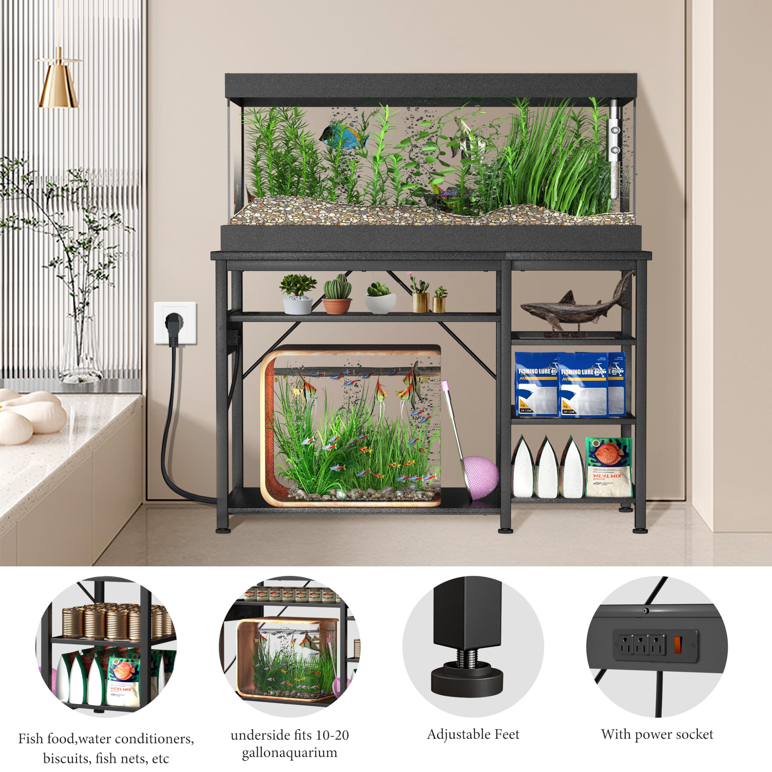 55-75 Gallon Fish Tank Stand: Heavy Duty Aquarium Stand with Power Outlets and Cabinet for Fish Tank Accessories Storage - Metal