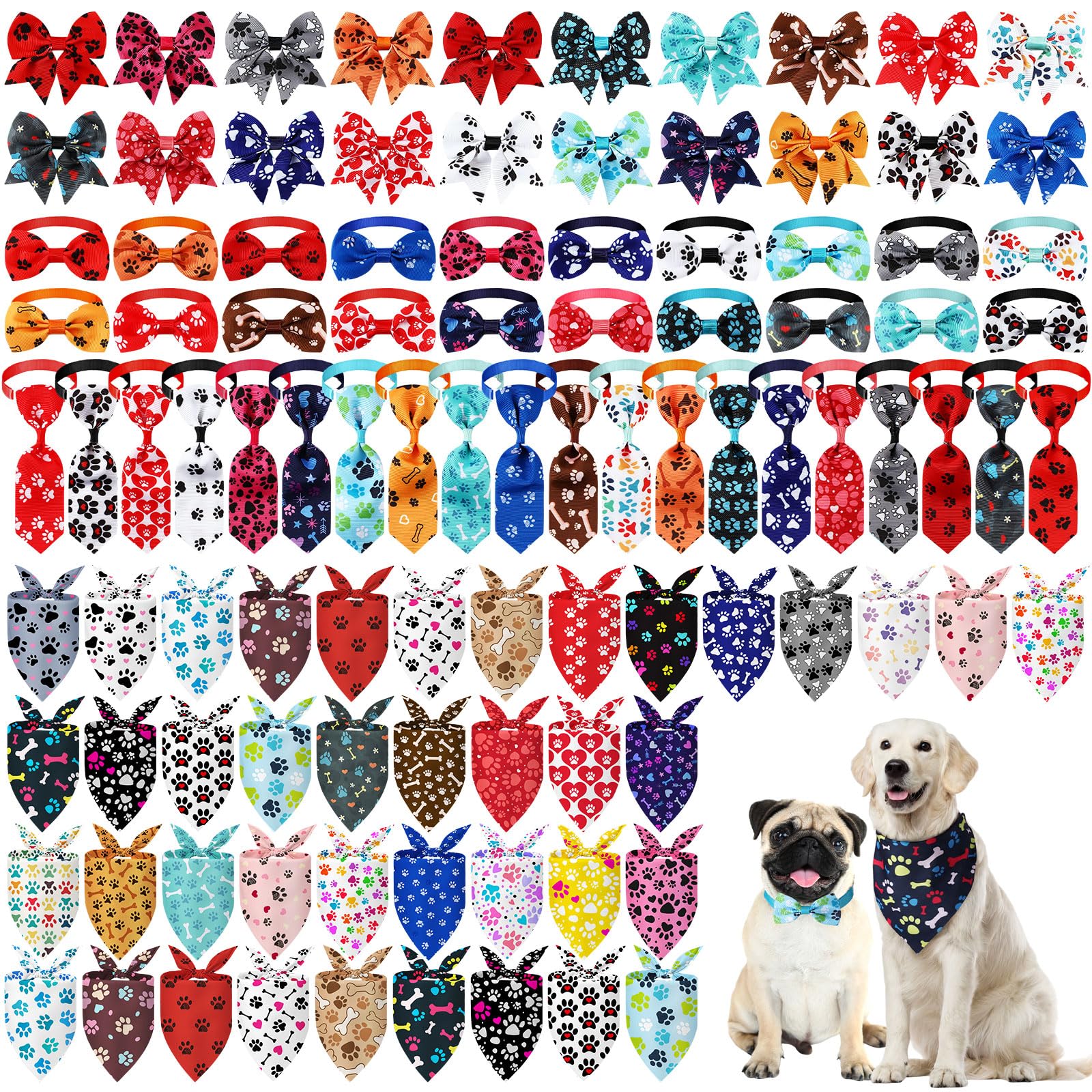 Reginary 120 Pcs Paw Print and Heart Dog Bandanas Bulk Dog Bows Set Bow Ties Cat Scarf Colorful Washable Triangle Pet Kerchief C