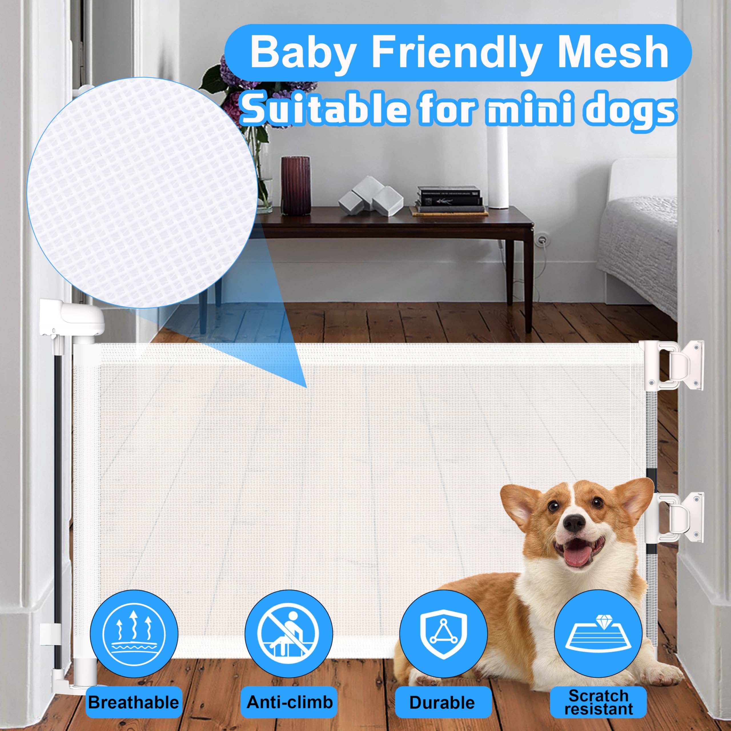 14  H Dog Gate - Puppy and Small Dog Gates, Retractable, Mesh, Expands Up to 59 Inches, Indoor/Outdoor, perfect for Doorways & S