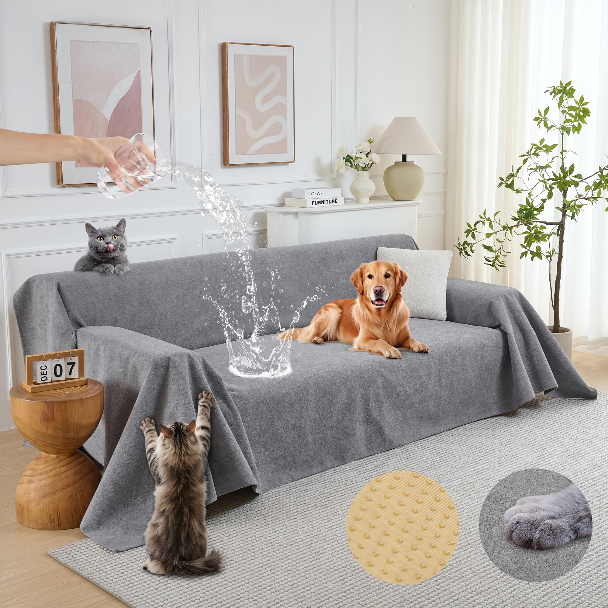 PuTian 100% Waterproof Couch Cover for Dogs  AntiScratch Washable Non Slip 2 Cushion Cover Blanket for L Shaped Sectional Recl