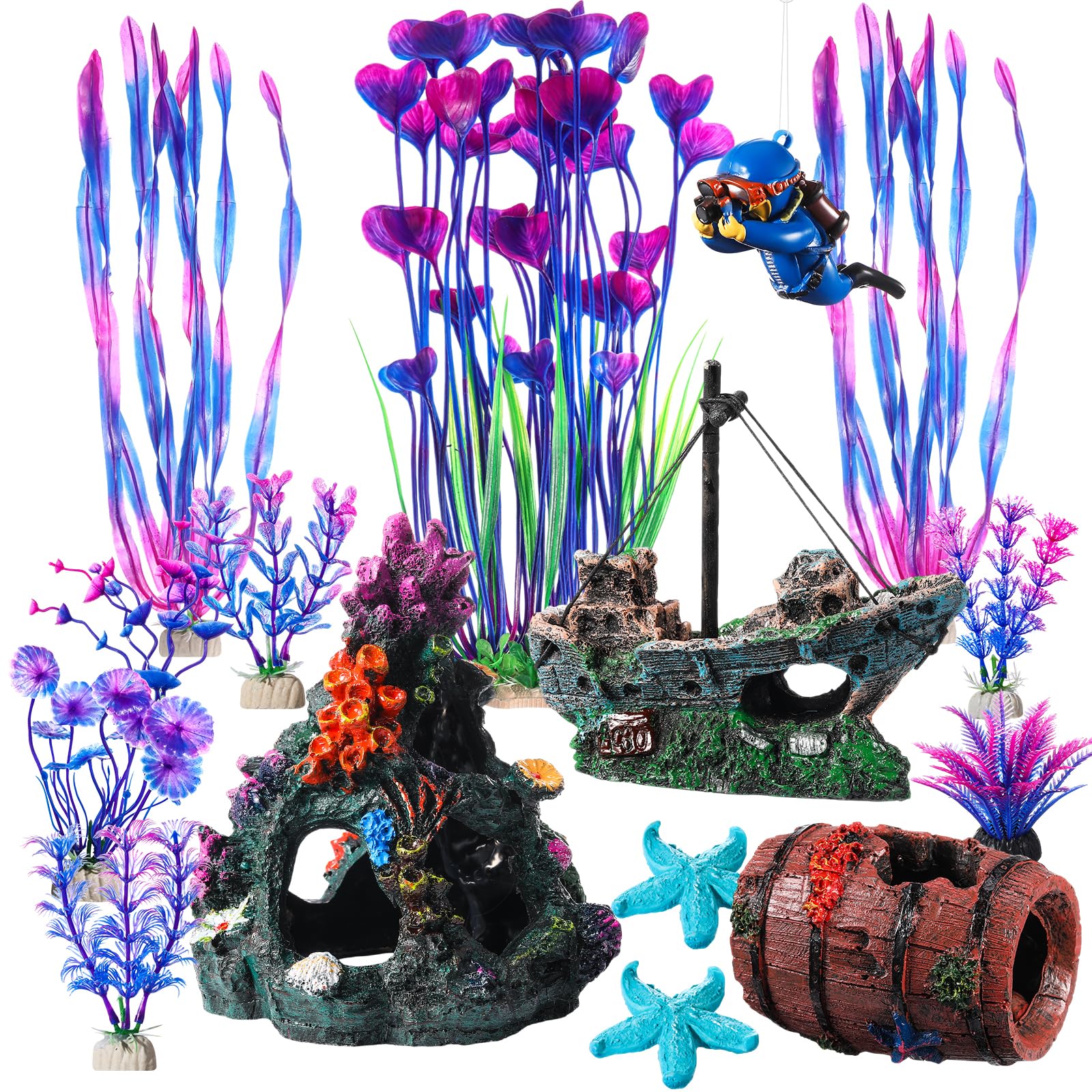 Zeyune 15 Pcs Fish Tank Decorations Mountain Ornament Broken Barrel Sunken Ship Artificial Seaweed Water Plants Colorful Coral R