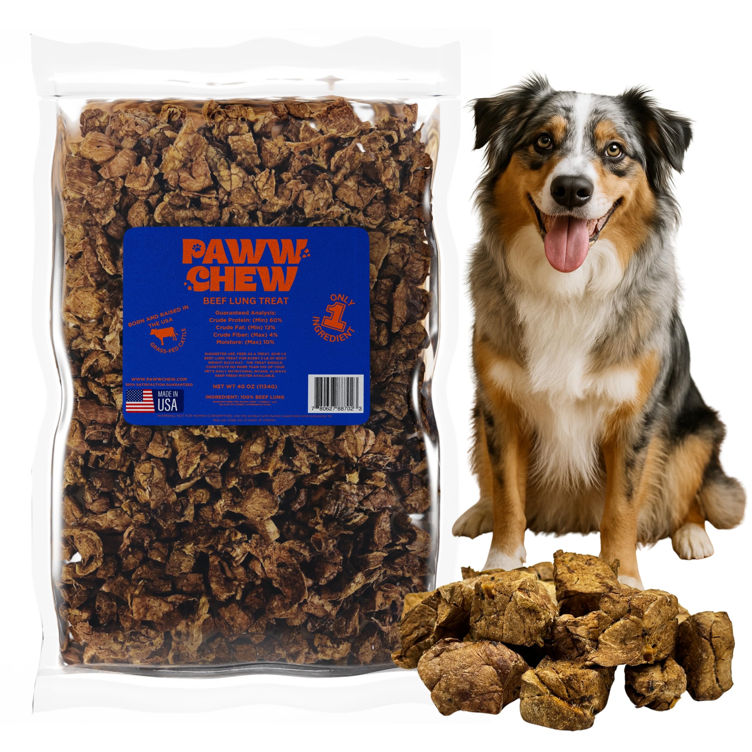 PAWW CHEW Beef Lung Dog Treats, 100% Natural, Grain Free, 2.5 Pound, High Protein Training Treats for All Breeds