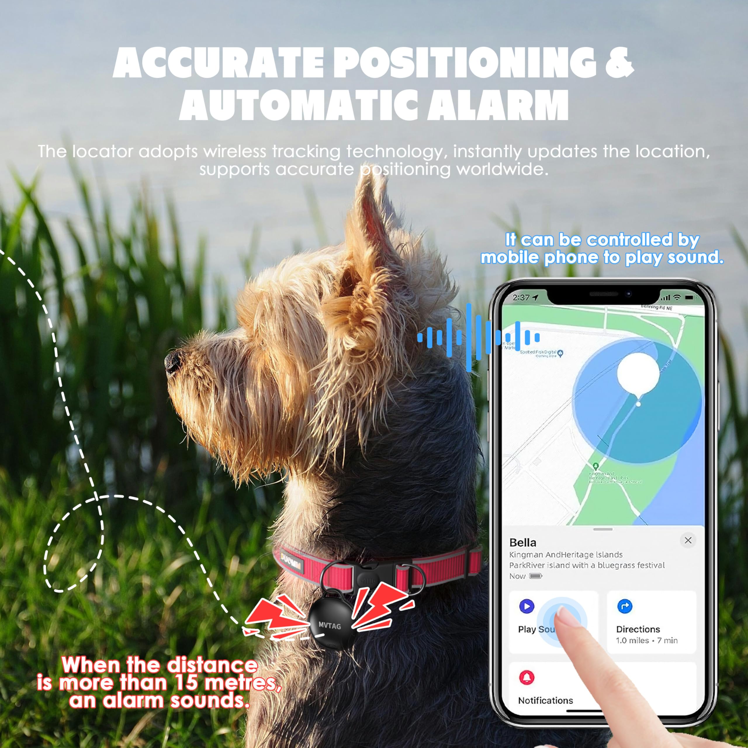 Aoikoy Dog Tracker GPS Collar No Monthly Fee, Real-Time Mini Pet Tracker for Small Medium Large Dogs, Reflective Waterproof Dog
