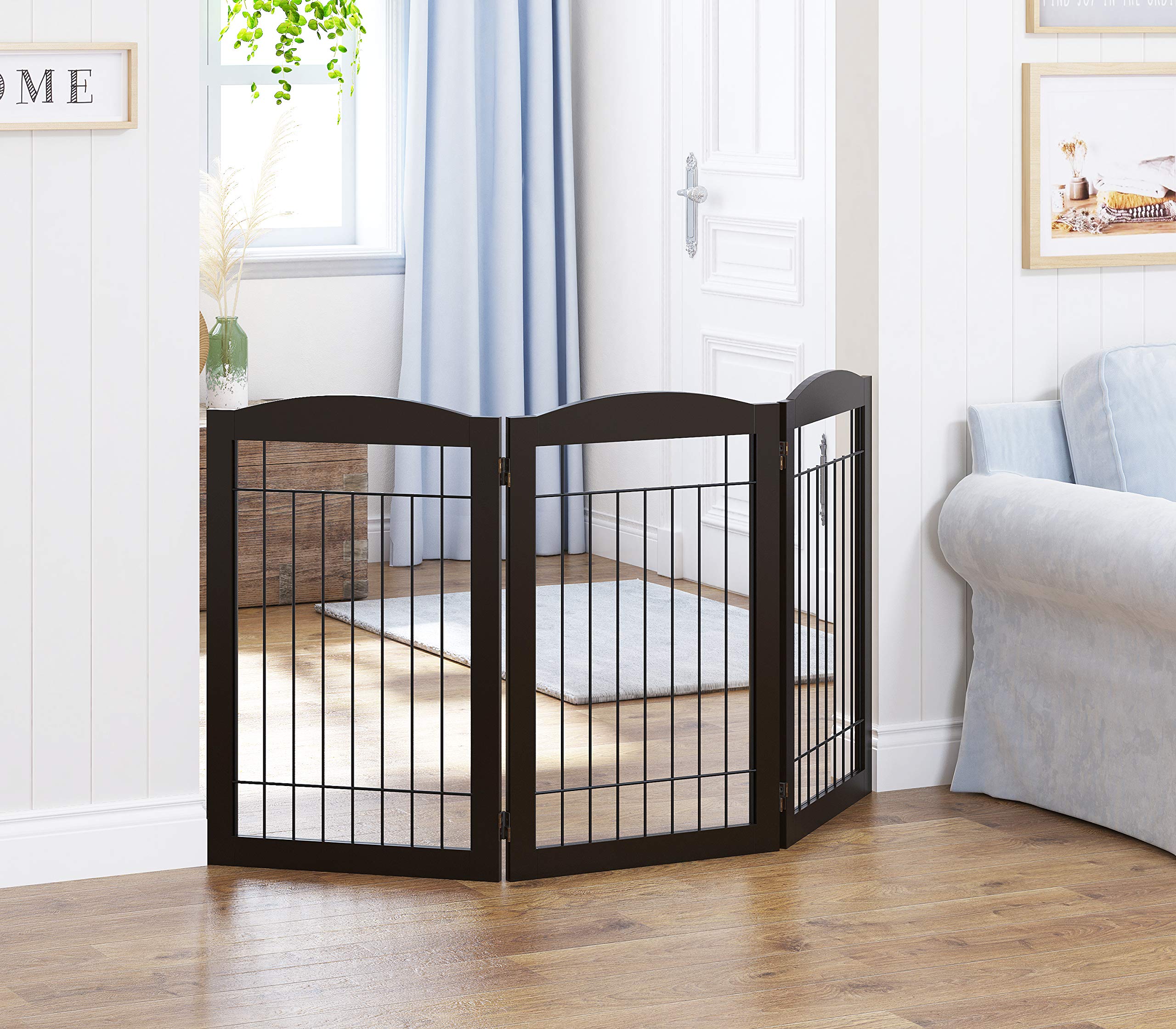 Spirich Freestanding Foldable Wire Pet Gate - 60" Wide, 30" Tall, 3 Panels, Espresso, Metal - Ideal for Dogs, Doorways, and Stairs