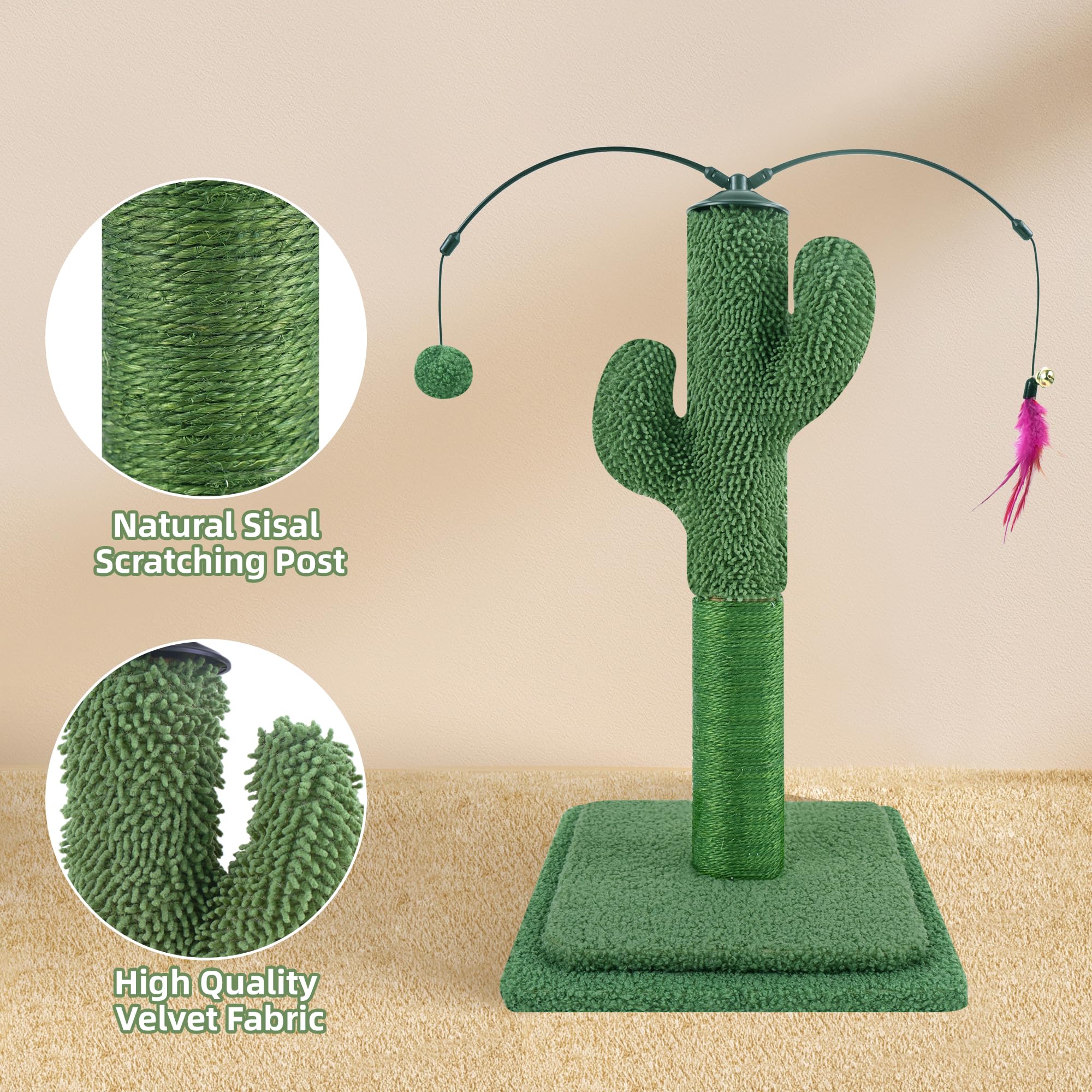 Yunique 23.6'' Cat Scratching Post, Cactus Cat Scratcher With Natural Sisal Rope For Indoor Cats, Claw Scratcher Green Cat Tree