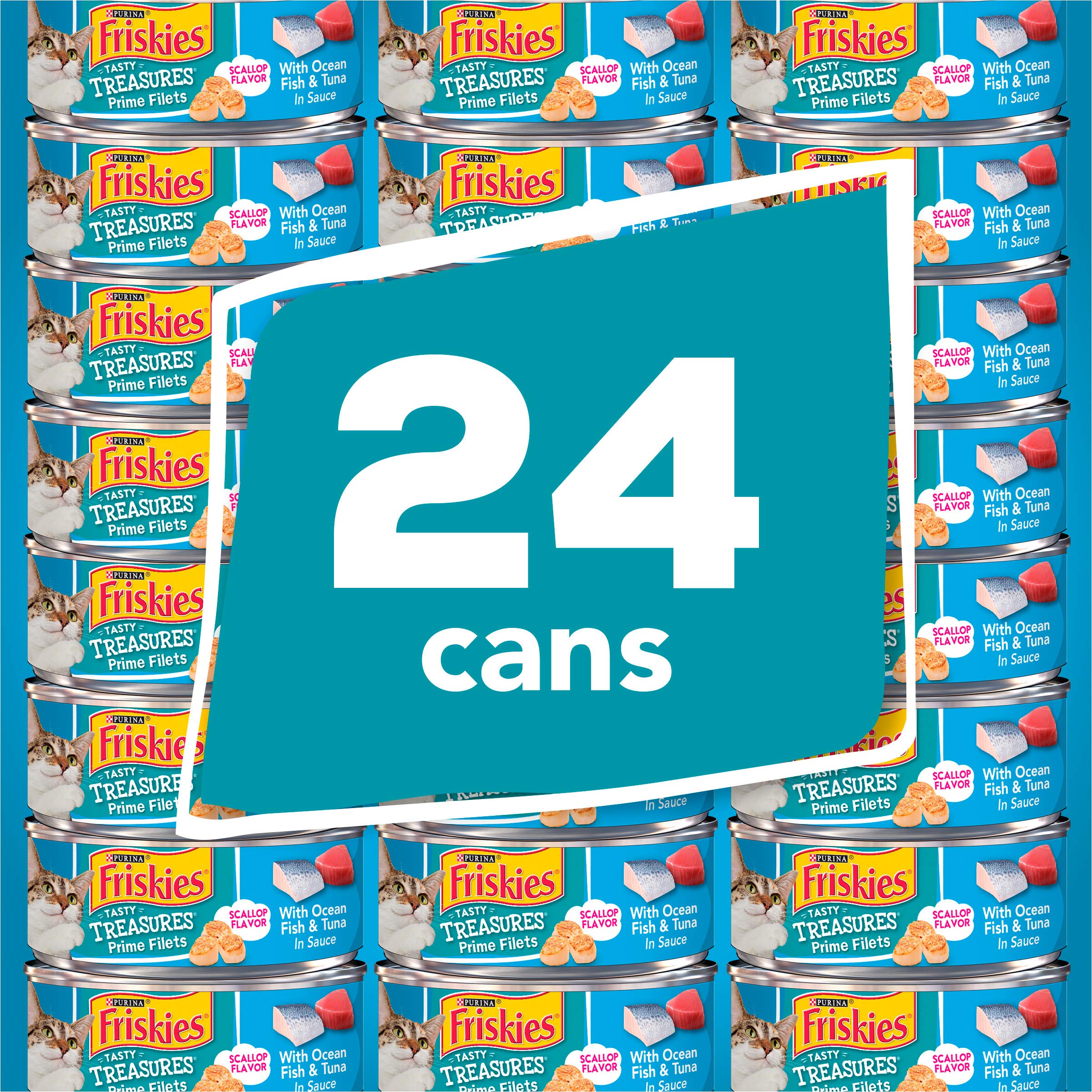 Purina Friskies Wet Cat Food Tasty Treasures With Ocean Fish and Tuna in Sauce (Scallop Flavor) - (Pack of 24) 5.5 oz. Cans