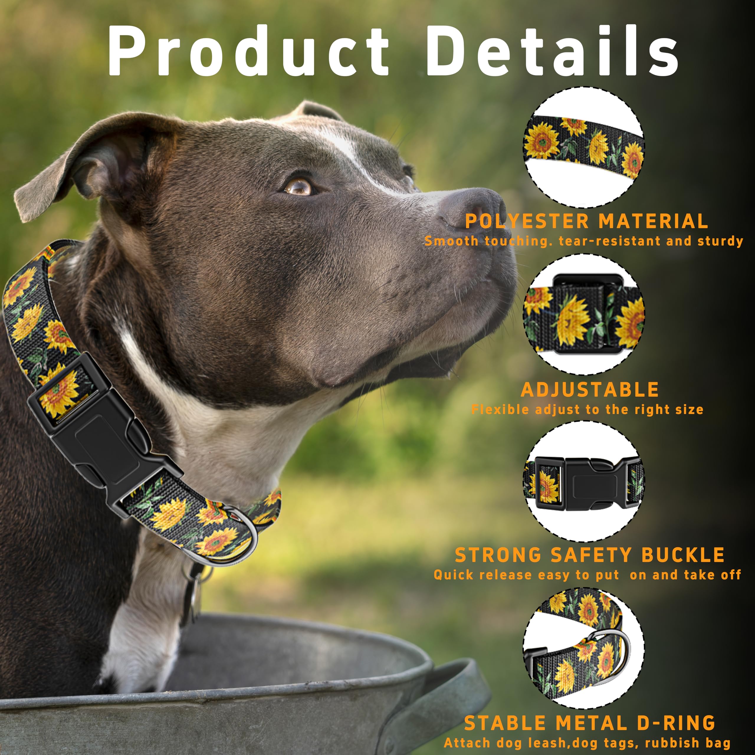 Seyezo Dog Collar For Boys Girls, Sunflower Puppy Collar For Small Medium Large Dogs, Adjustable Soft Floral Pet Collar With Saf