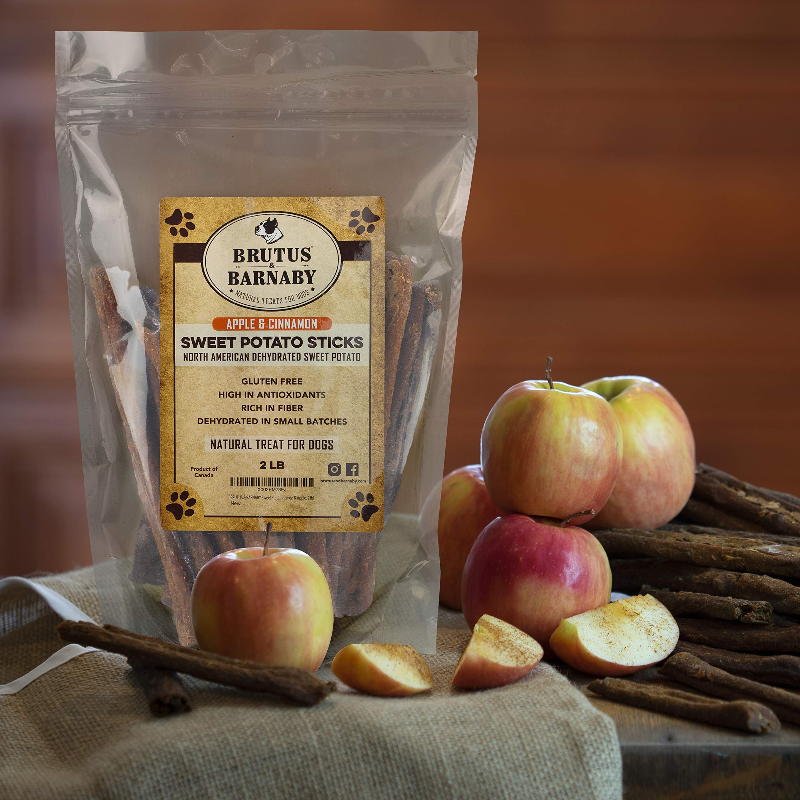 BRUTUS & BARNABY USA Sweet Potato Dog Treats - Crunchy Grain Free Cinnamon Apple Sticks, Promotes Positive Gut Health with Natur