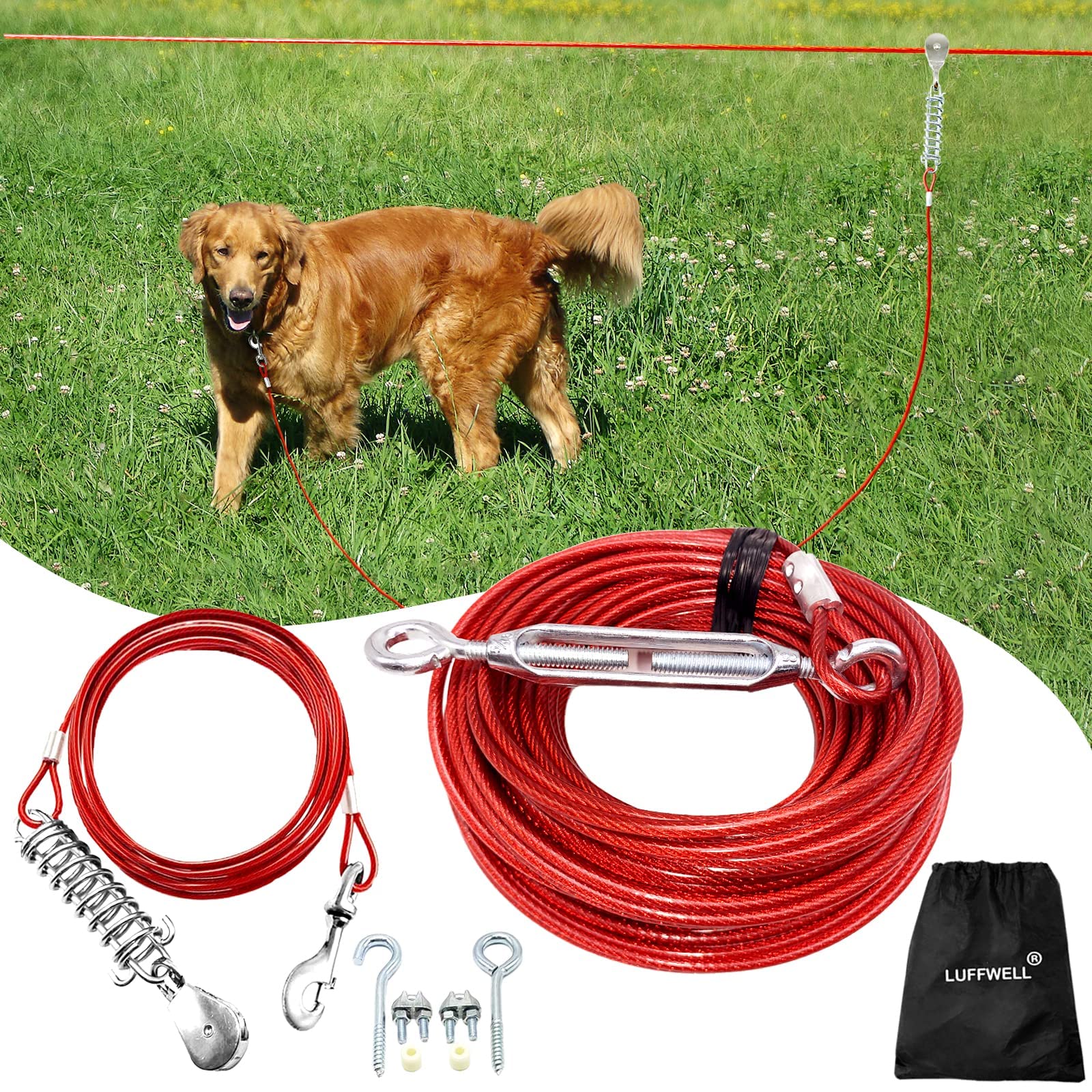 Luffwell Dog Run For Yard, 100Ft With 10Ft Tie Out Cable, Heavy Duty For Large Dogs, Supports 250 Lbs
