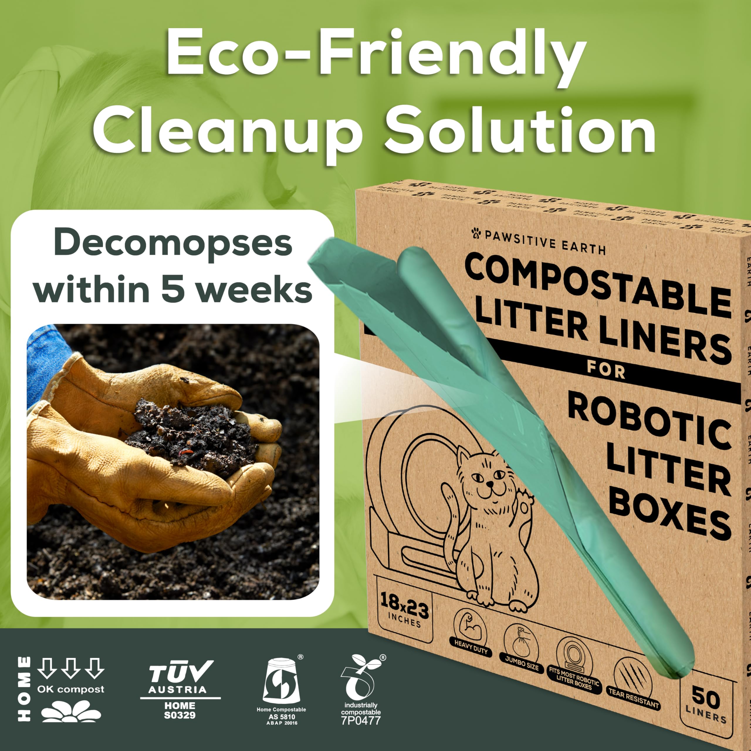 Cat Litter Box Liner 100% Compostable - Drawstring Close - Jumbo Size 36'' X 19'' - Tear & Leak Resistant - Ok Compost Home Cert