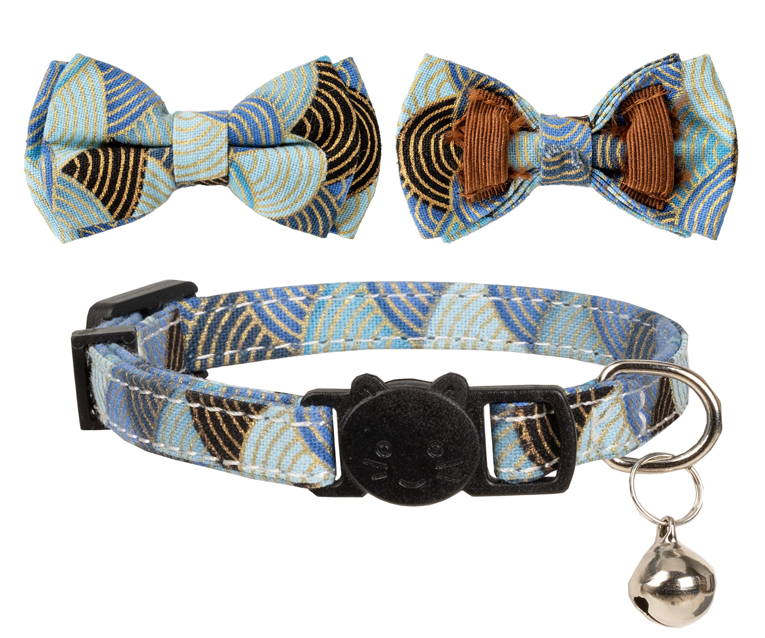 Gyapet Collar For Cat Pet Breakaway With Bell Bowtie Detachable Bow Adjustable Safety Kitten Puppy Girl Boy 2Pcs Kimono-Blue & P