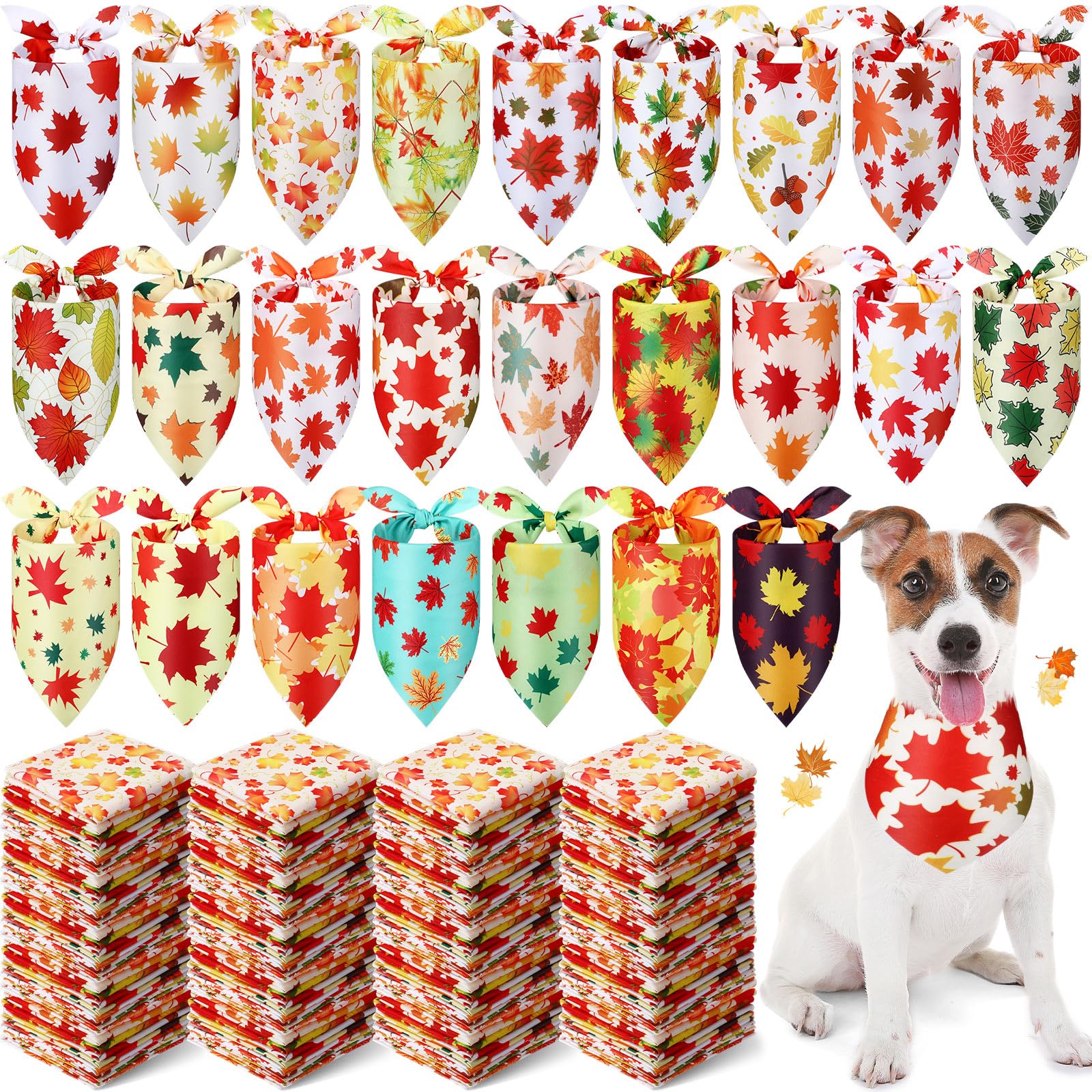 Abbylike 200 Pcs Fall Dog Bandanas Bulk Maple Leaves Bandanas for Dog Pet Triangle Kerchief Bibs Scarf for Fall Autumn Thanksgiv