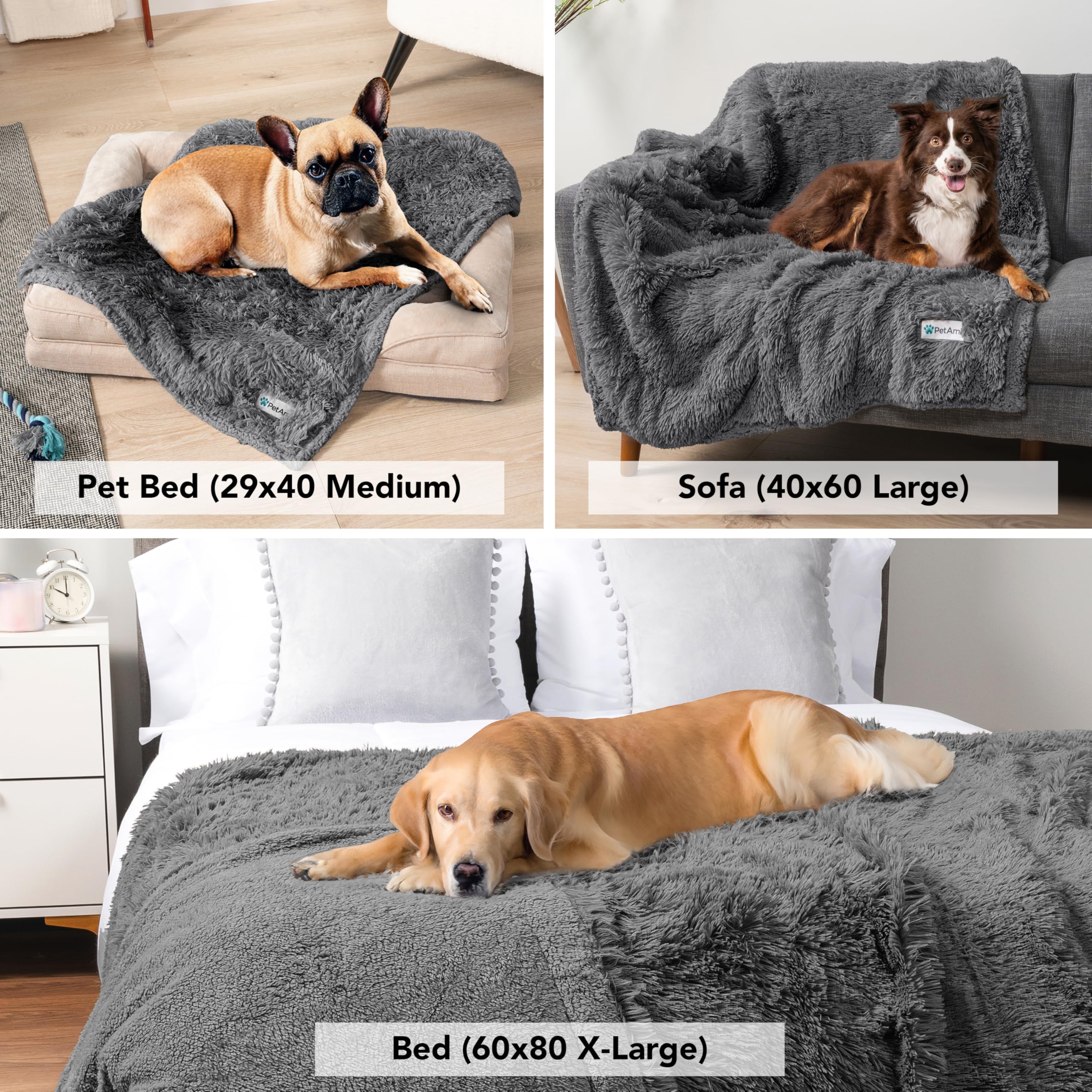 Petami Waterproof Dog Blanket For Medium Large Dogs, Calming Fleece Cat Blanket, Couch Protector Washable Sherpa Faux Fur Pet Throw For Puppy, Soft Reversible Leakproof 40X60 Gray