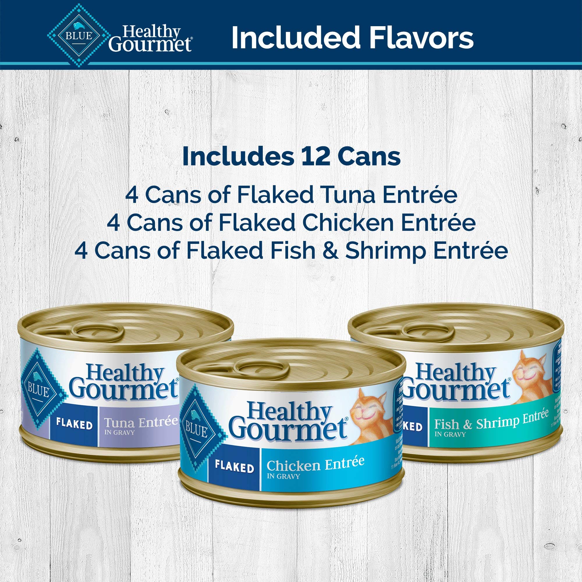 Blue Buffalo Healthy Gourmet Natural Adult Flaked Wet Cat Food Variety Pack Tuna, Chicken, Fish & Shrimp 3-Oz Cans (12 Count- 4