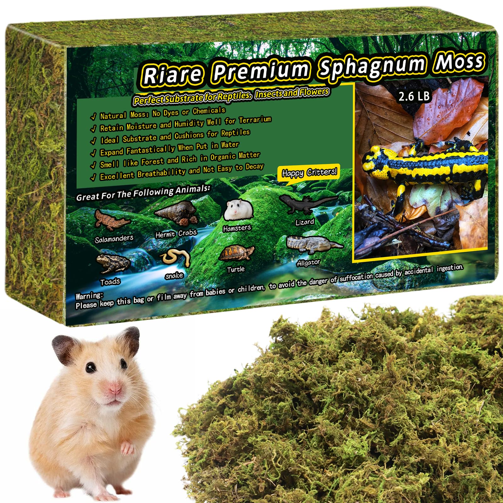 Riare 2.6LB Premium Sphagnum Moss for Reptiles- 100QT Natural Live Moss Reptile Moss Bedding for Terrarium, Hatching, Forest Sph