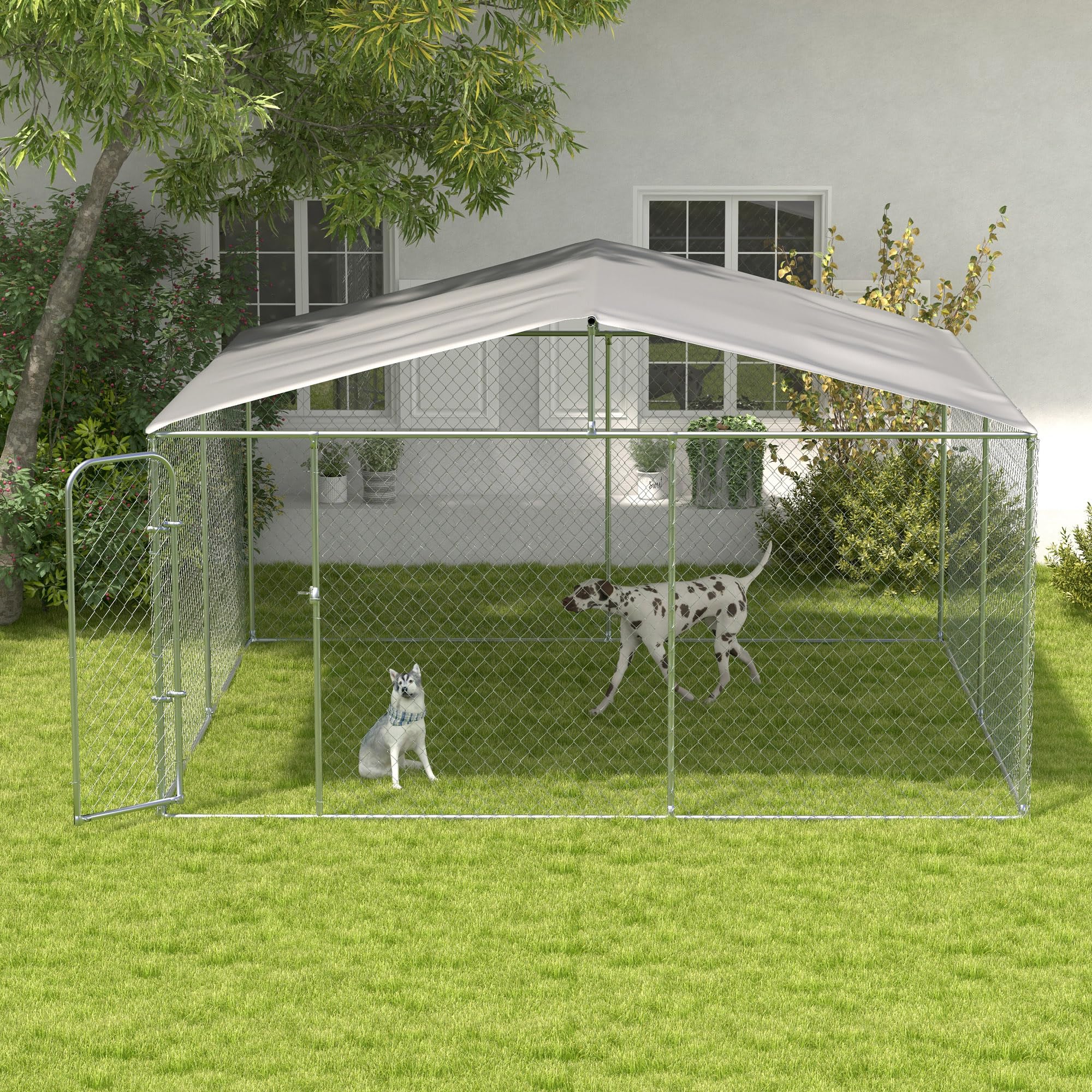 PawHut Dog Kennel Outdoor with Waterproof Canopy, Dog Run with Galvanized Chain Link, Secure Lock, for Backyard and Patio, 13 x