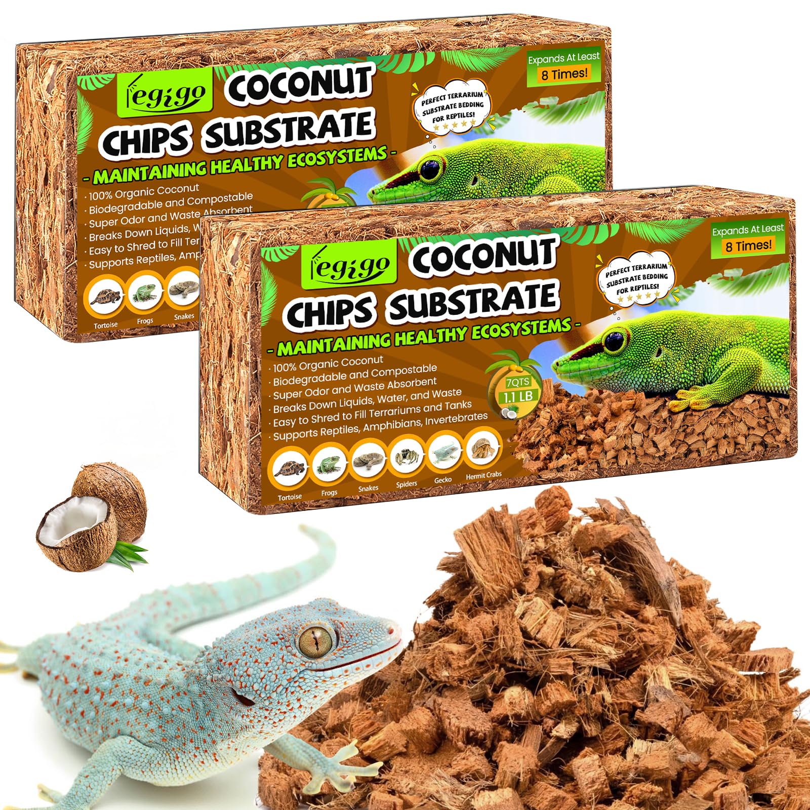 Legigo 2 Pack Coconut Chip Substrate for Reptiles, Natural Coco Husk Chip Reptiles Bedding, Compressed Coconut Chip Substrate fo