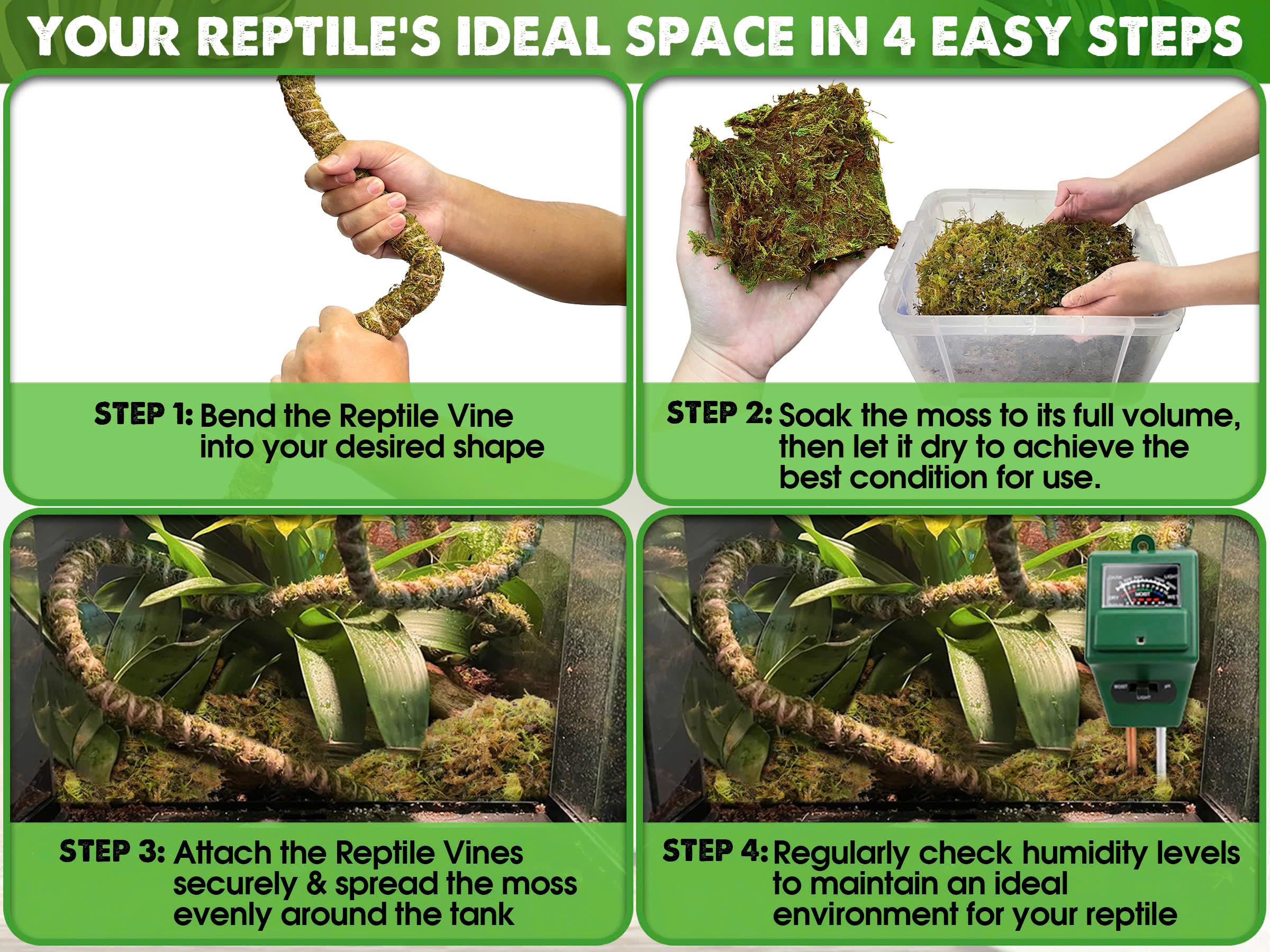 Duspro Reptile Decor Set Including 10Ft Reptile Vine Climbing Bendable Branch & 04 Oz Natural Dried Forest Moss Bag Ideal For Be