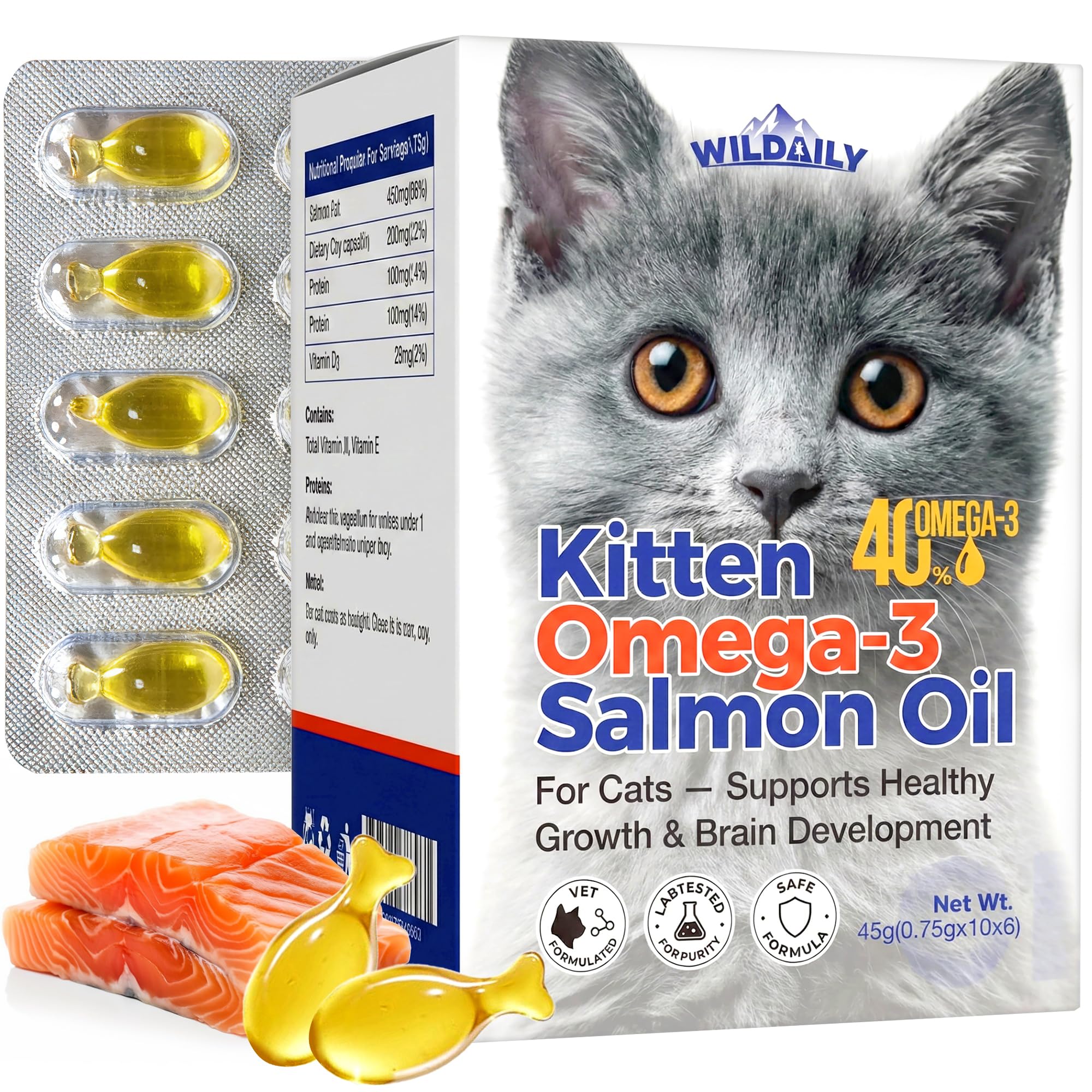 Wildaily High DHA Omega 3 Fish Oil for Cats(60 Ct), Wild Salmon Oil, Brain, Vision & Immune Support, Easy-to-Twist-Off Softgel, 