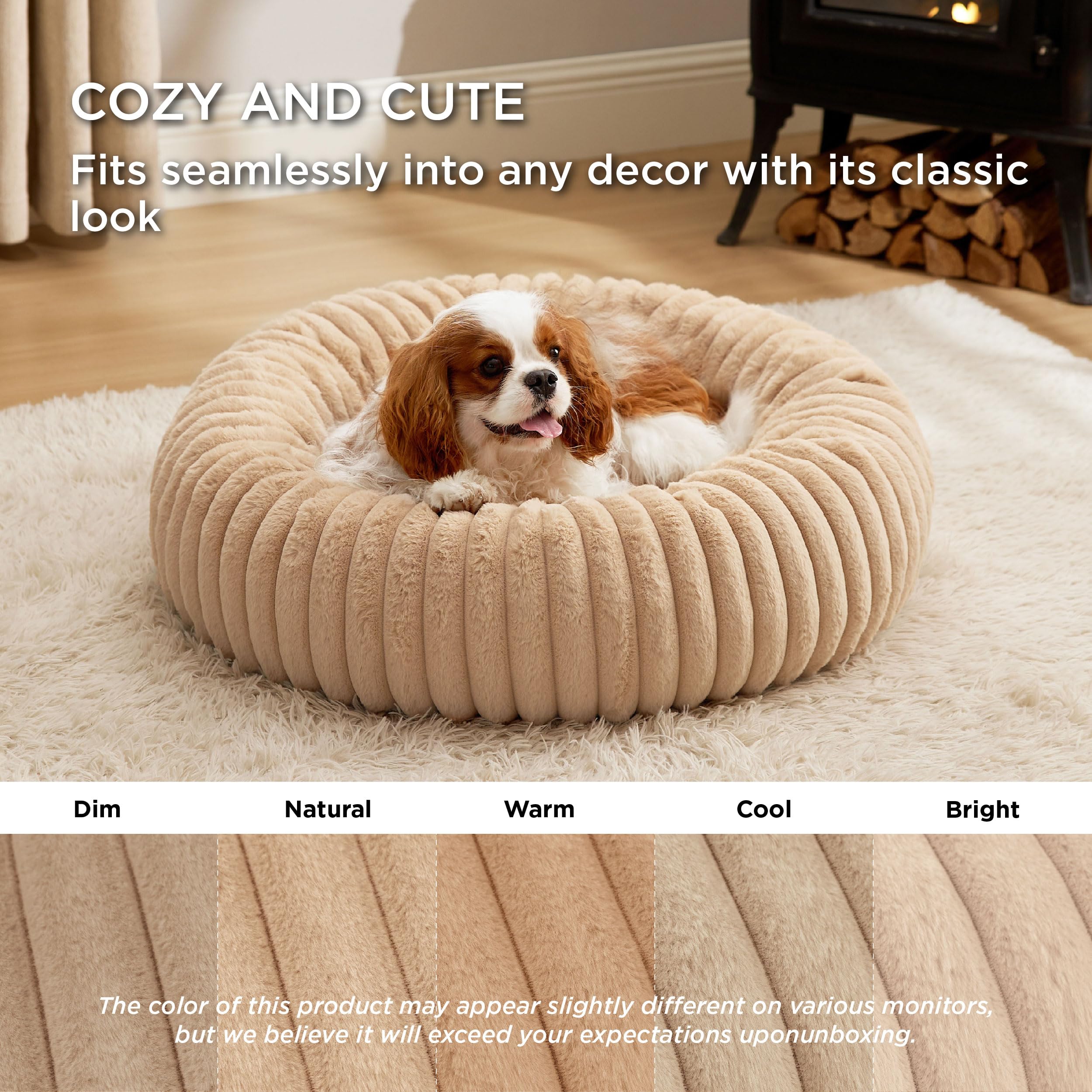 Bedsure Medium Dog Bed - Washable Faux Fur With Corduroy Fleece & Anti Slip Bottom, Round Pet Bed With Removable Cover, Sandy Ta