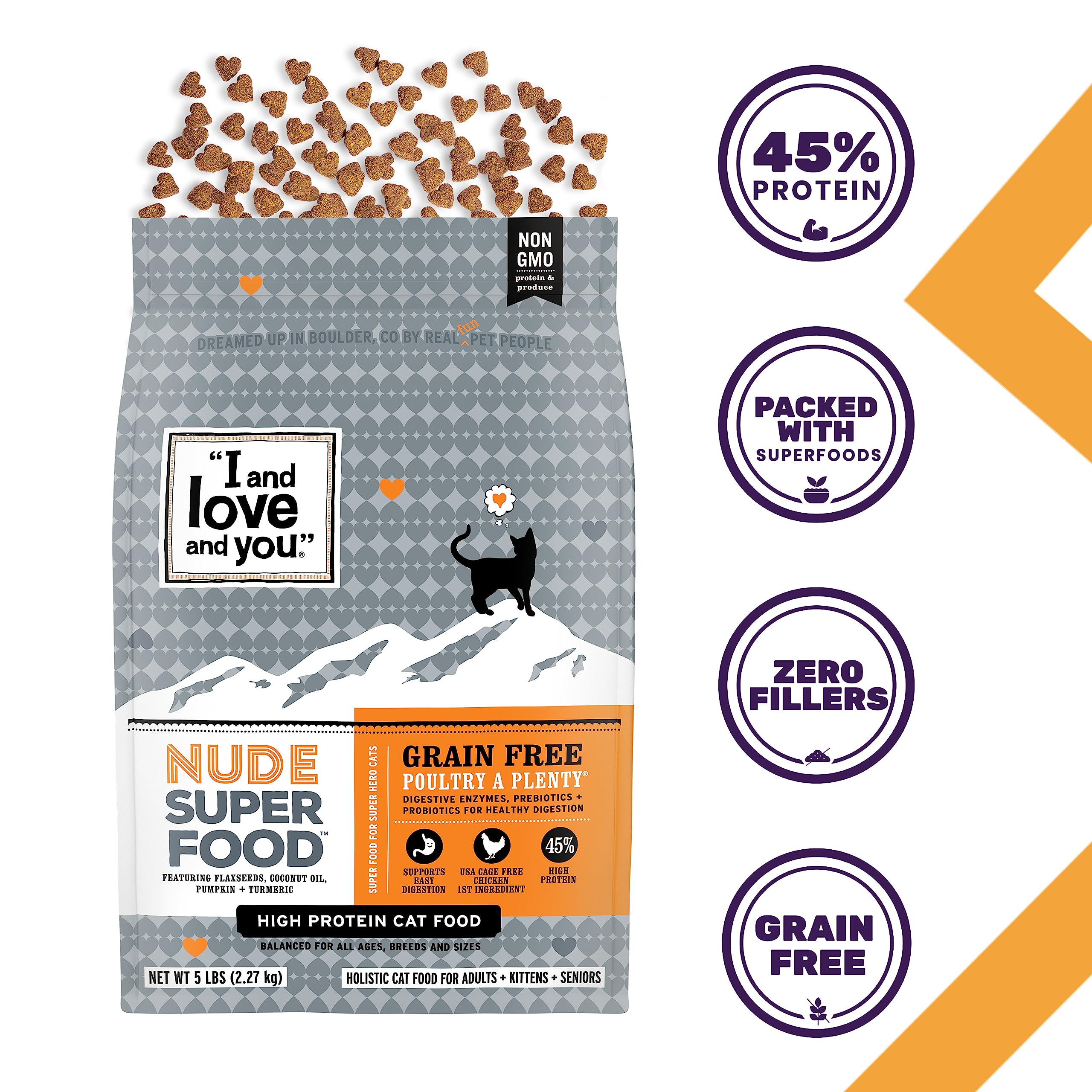 I and love and you Nude Super Food Dry Cat Food - Turkey + Chicken - Grain Free, High Protein, No Fillers, Superfoods, 5lb Bag