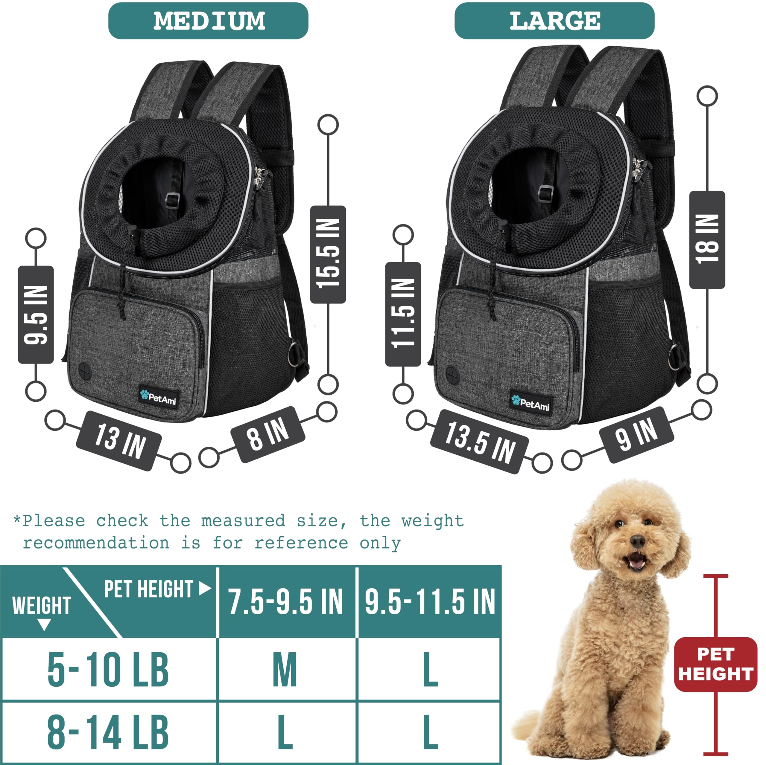 Petami Dog Front Carrier Backpack, Adjustable Dog Pet Cat Chest Carrier Backpack, Ventilated Dog Carrier For Hiking Camping Travel, Small Medium Dog Puppy Large Cat Carrying Bag, Max 15 Lbs, Dark Gray