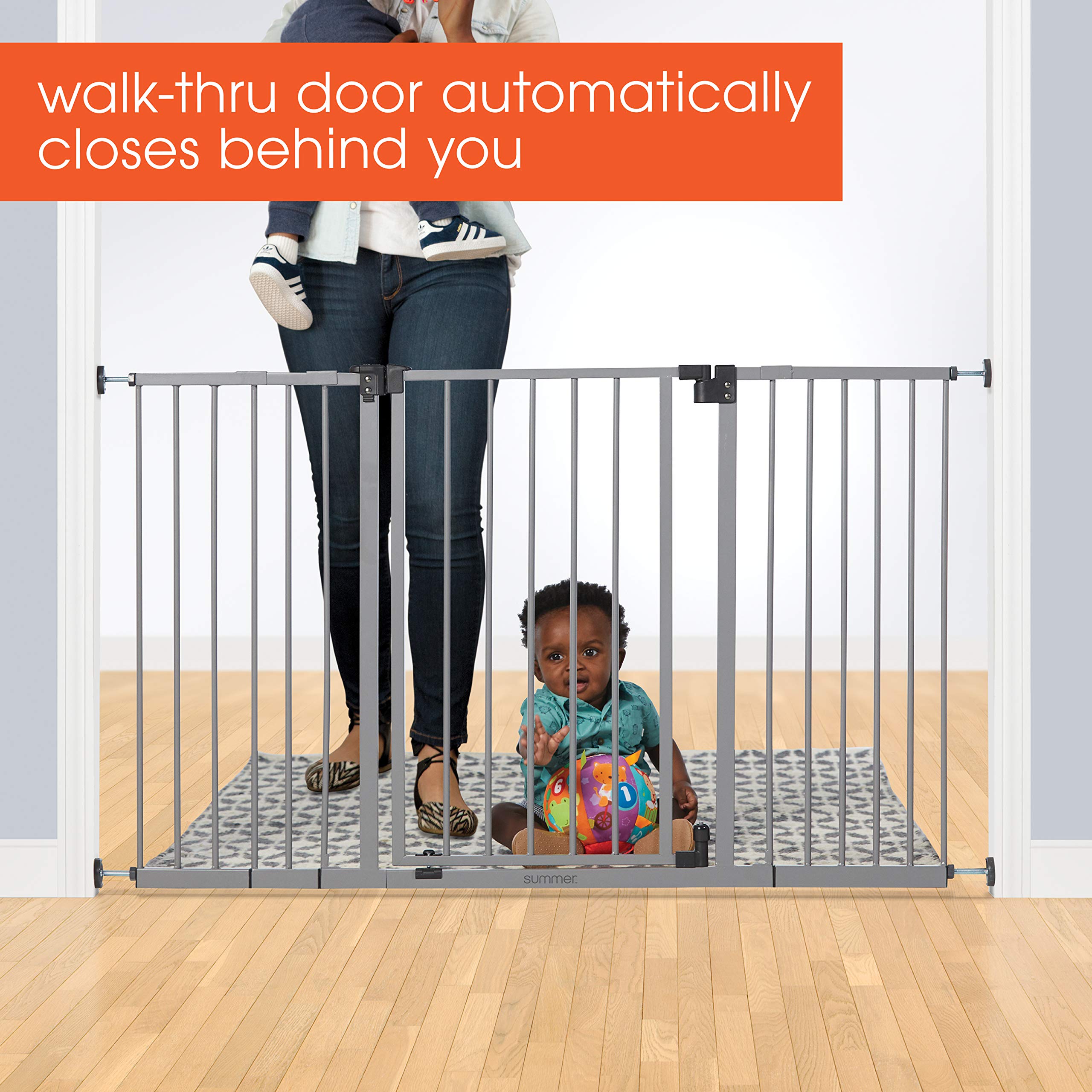 Summer Infant Secure Space Extra-Wide Pet And Baby Gate, 28.5' - 52' Wide, 30' Tall, Pressure Or Hardware Mounted, Install In-Between Rooms, Doorways And Stairways, Auto-Close & Hold-Open Door - Grey