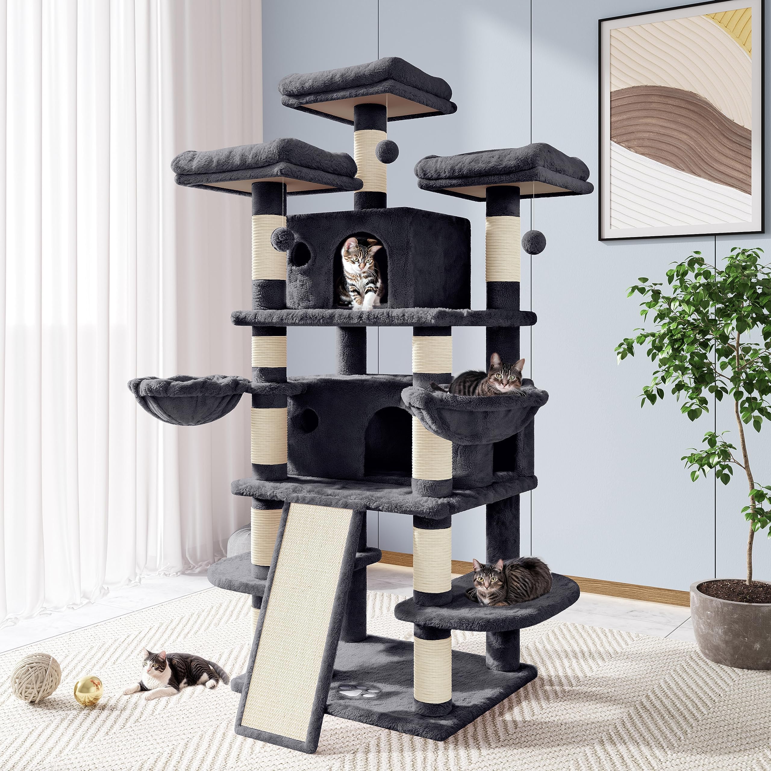 Allewie 68 Inches Cat Tree/House And Towers For Big Feline/Scratching Post/Multi-Level Large Kitty Climbing Tree With Condo/Smok