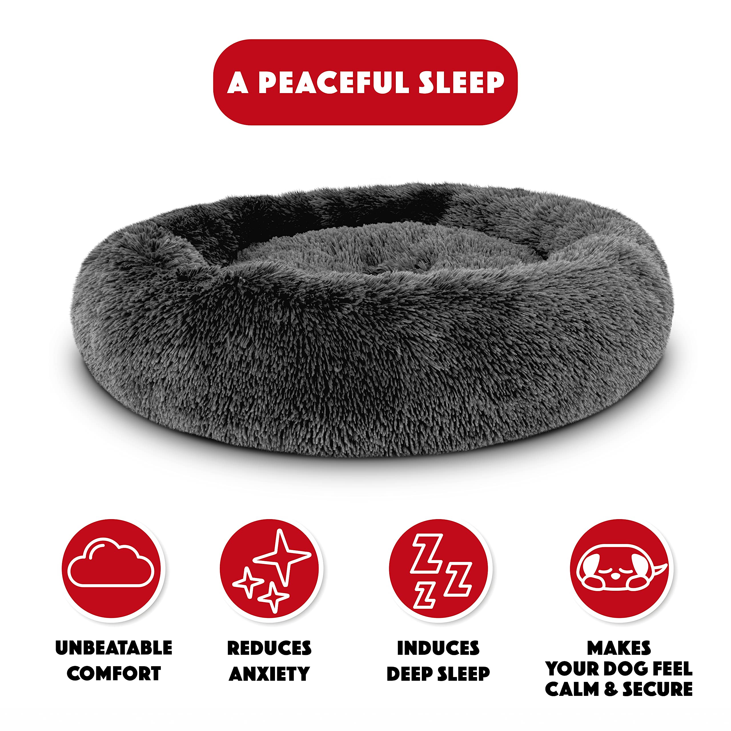 The Dogs Bed Sound Sleep Donut Dog Bed, Med Steel Grey Fur Calming Nest Bed, Veterinary Approved