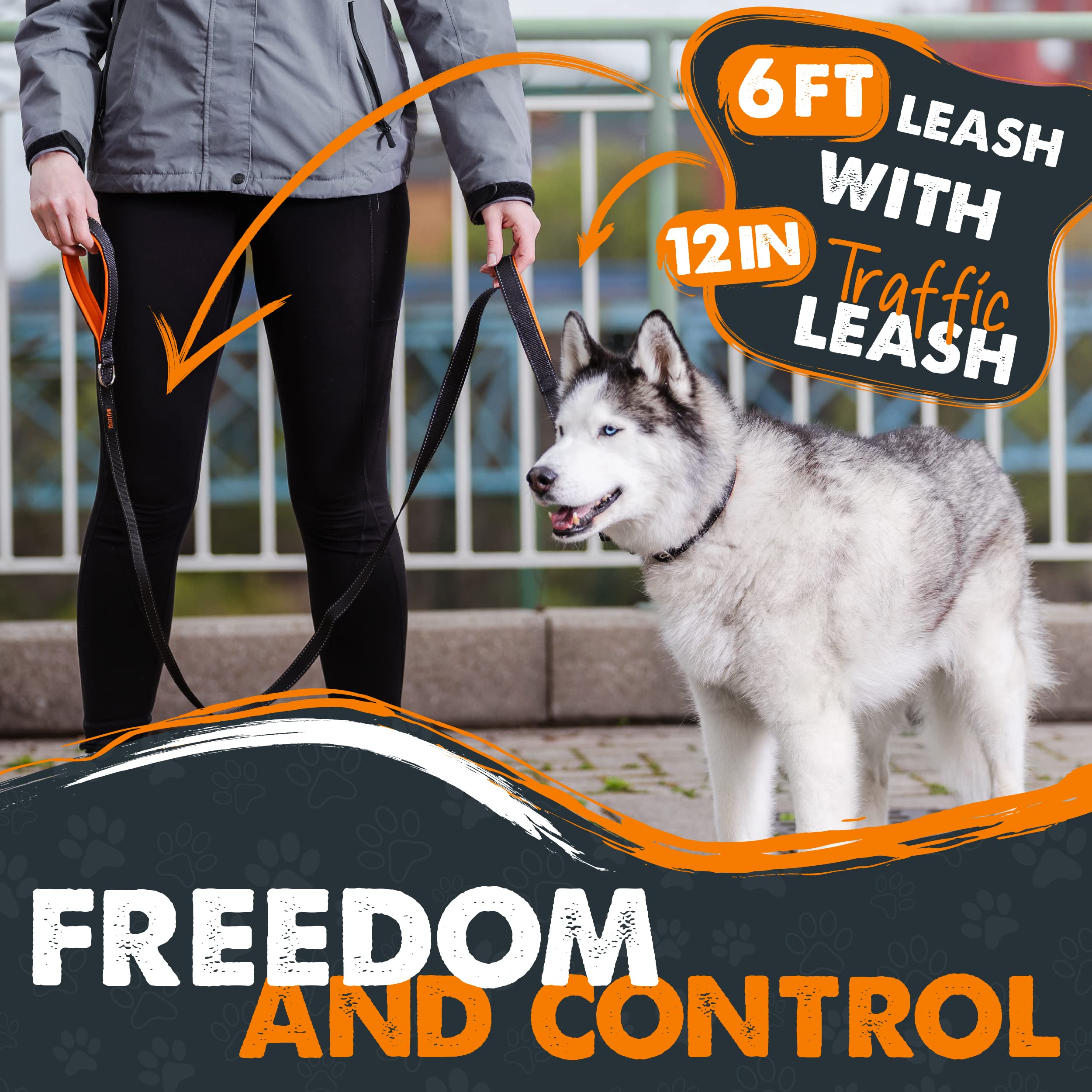 Mighty Paw Two Handle Dog Leash - Paw Leash Built-In Traffic Loop - Carabiner Clip - Double Padded Handles - Suitable For Small To Large Pets - 6' (Black)