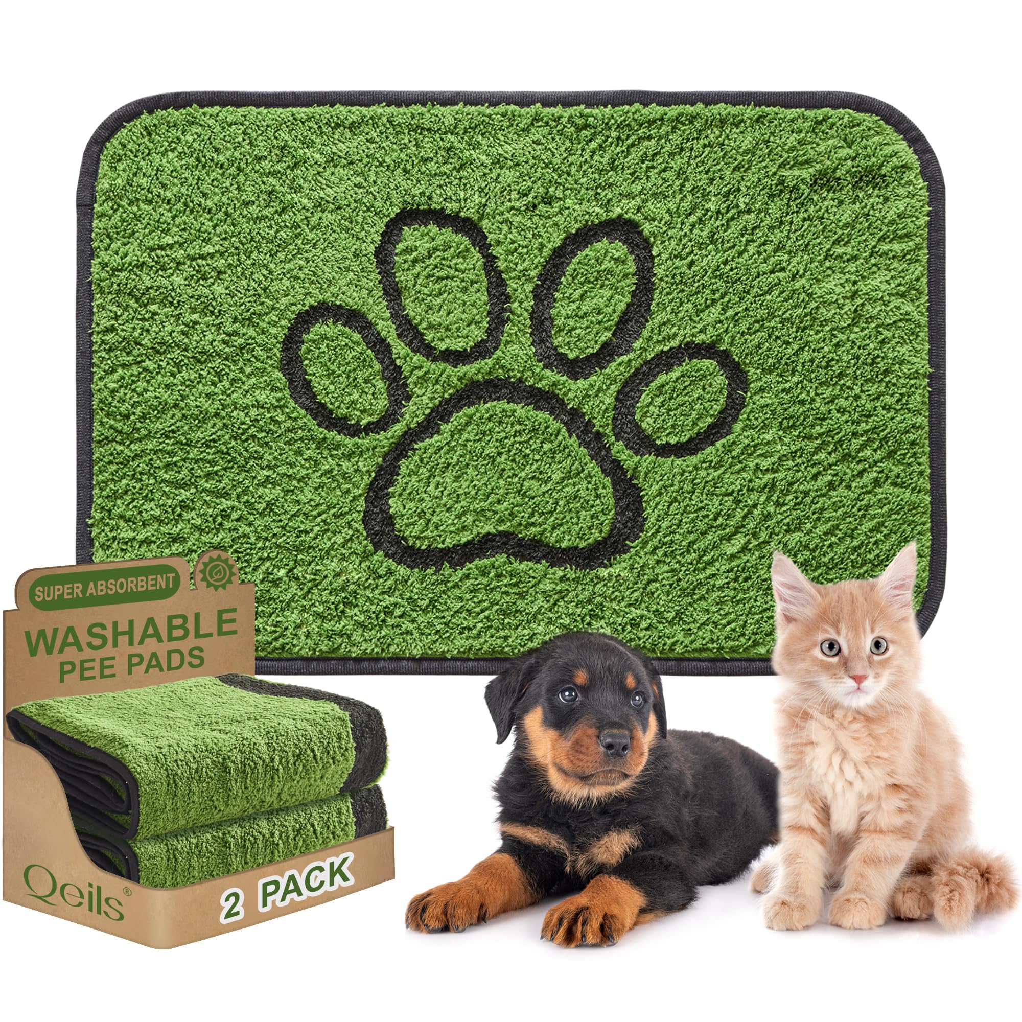 Qeils Washable Pee Pads For Dogs, 2 Pack Super Absorbent Reusable Puppy Pads With Green Long Wool For Potty Training, Floor, Cou