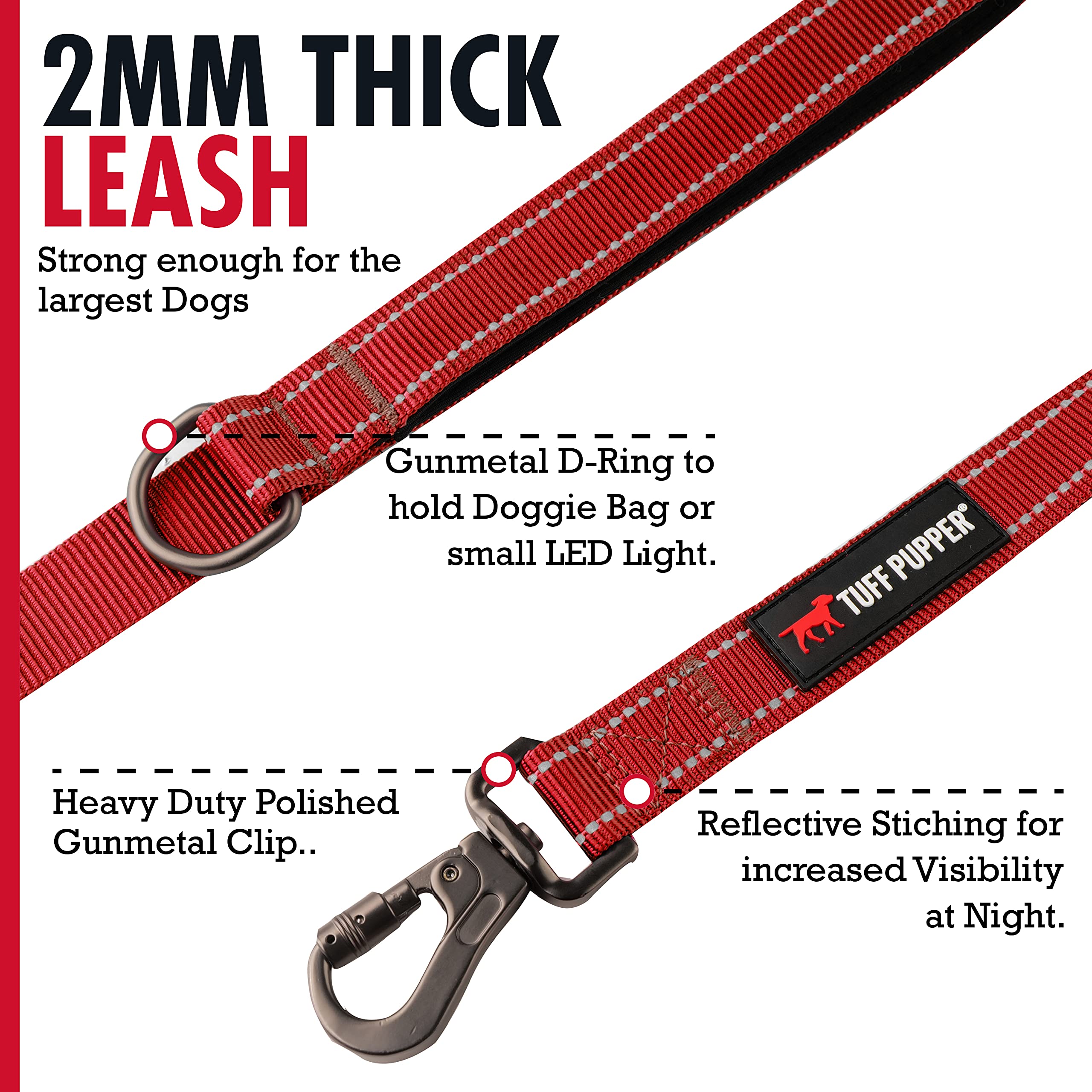 Tuff Pupper Heavy Duty Double Handle Leash - Twist Lock Carabiner Clip For Strong Medium & Large Dogs - Reflective, 6Ft
