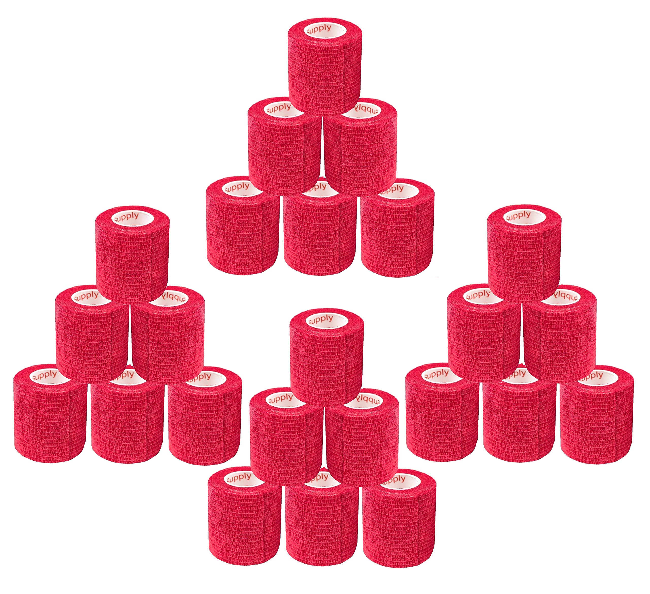 2 Inch Vet Wrap Tape Bulk (Red) (Pack of 24) Self Adhesive Adherent Adhering Flex Bandage Grip Roll for Dog Cat Pet Horse