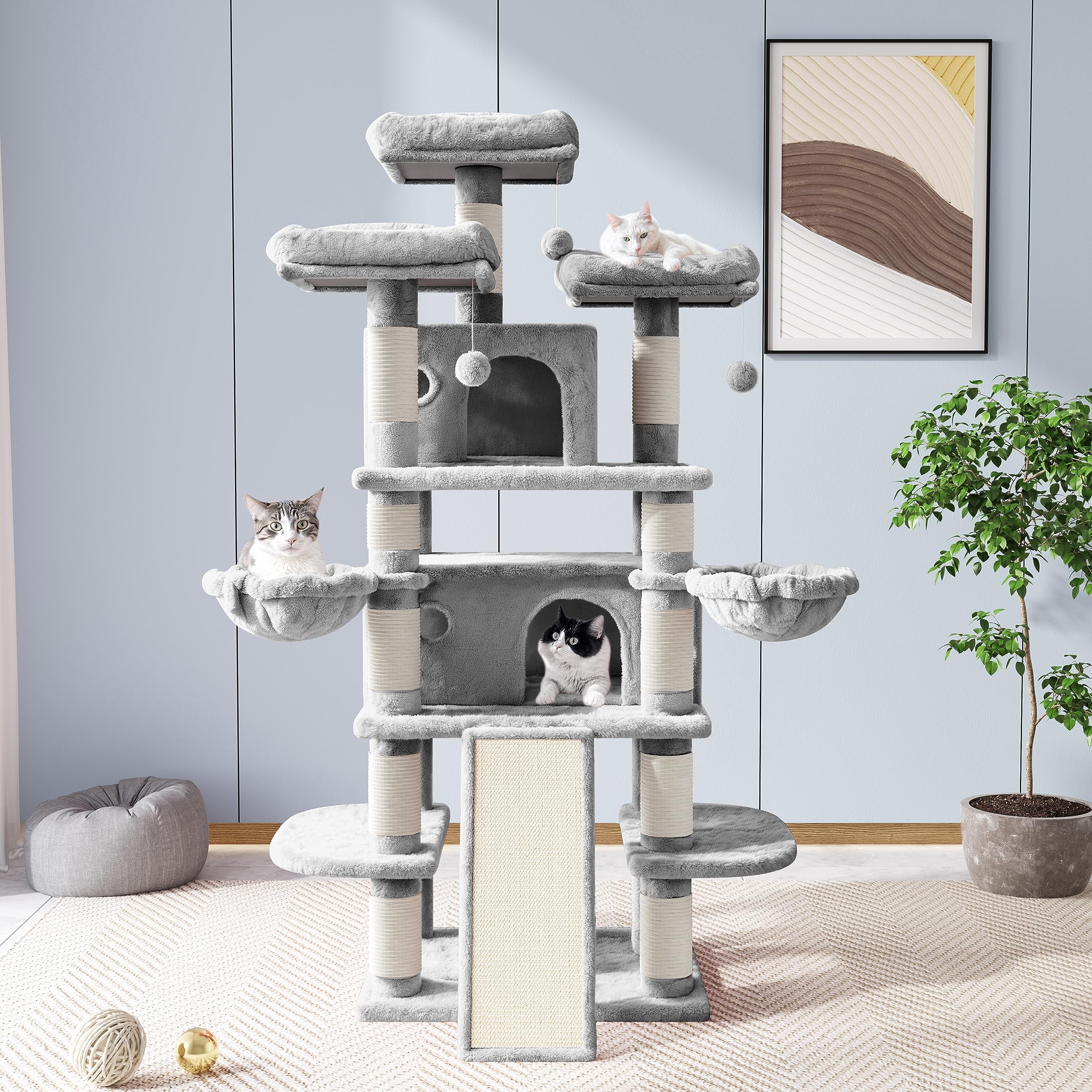 Allewie 68 Inches Cat Tree/House And Towers For Big Feline/Scratching Post/Multi-Level Large Kitty Climbing Tree With Condo/Ligh