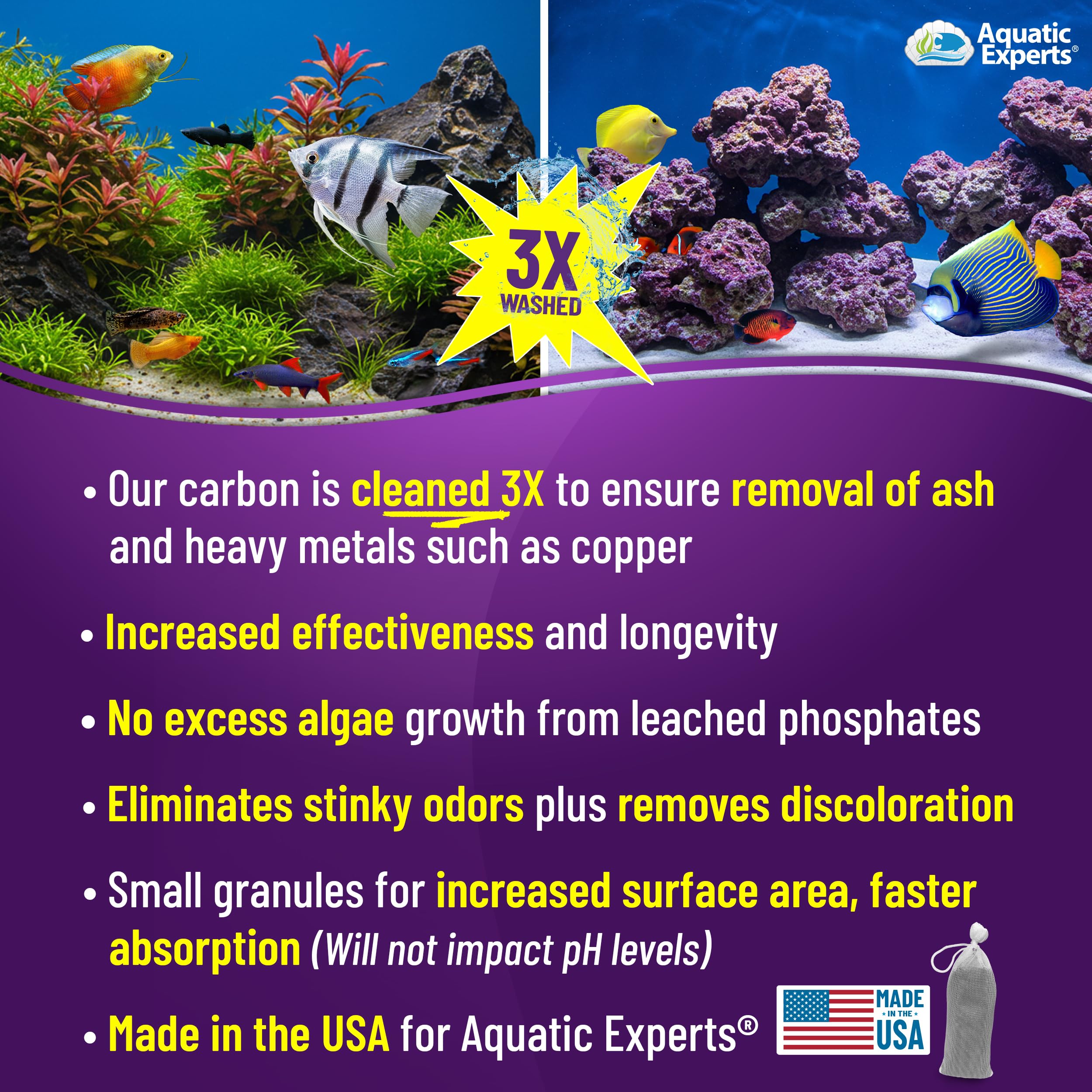 Premium Activated Carbon - Aquarium Carbon Media - Charcoal For Fish Tanks - Aquarium Filter Charcoal Media (Granulated, 3 Lbs With Fine Mesh Bag)