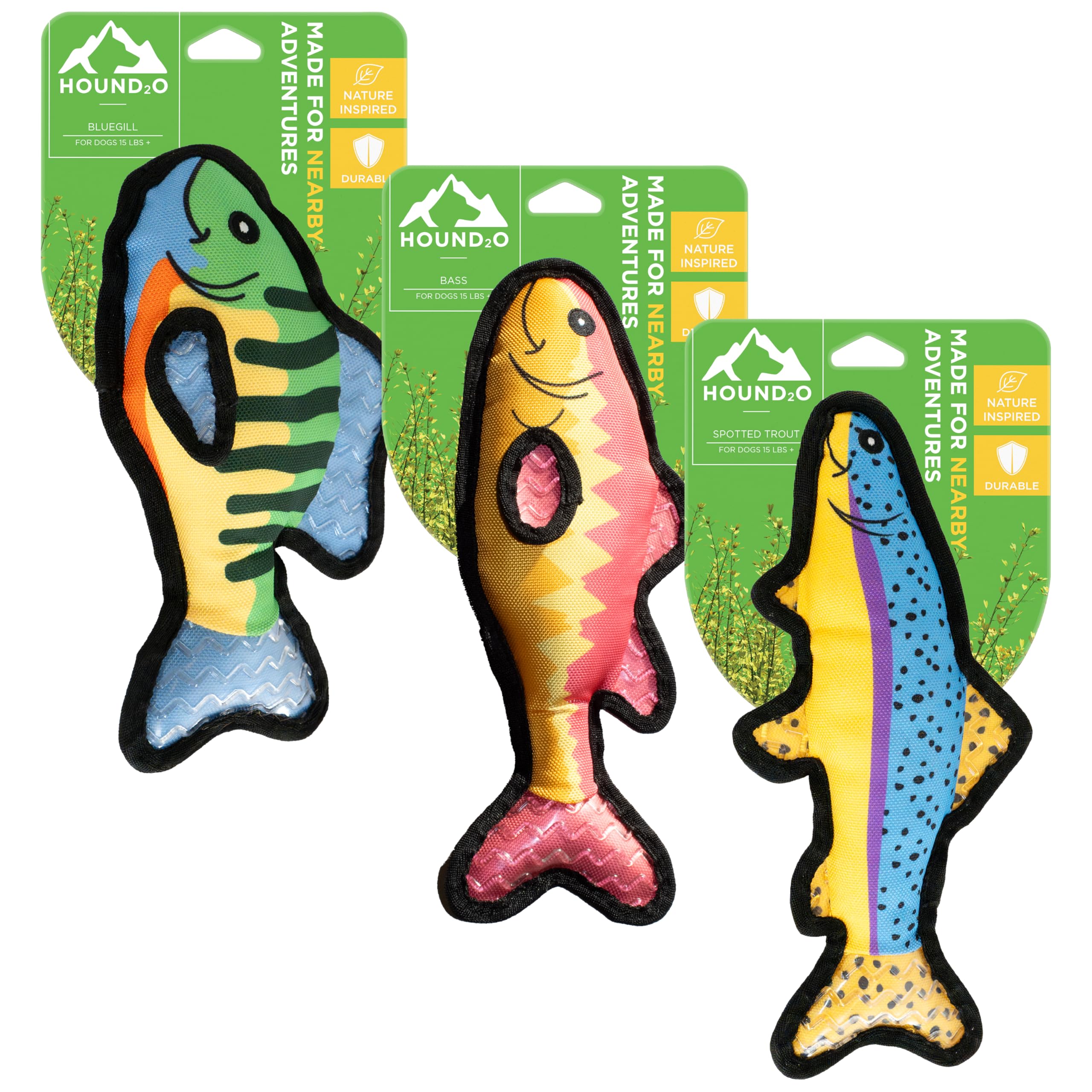 Hound2O Durable Plush Outdoor Toys For Dogs | Squeaky Bluegill,Trout & Bass 3-Pack | Value Pack Fishing Themed Dog Toys With Pla